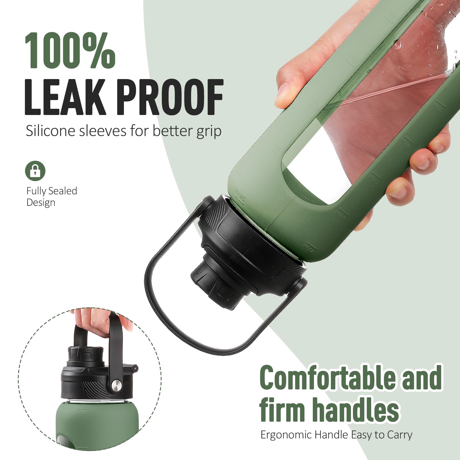 BLUEGO Borraccia Vetro 700ml con 2 Coperchi e Cannuccia, Sportiva Bottiglia d'Acqua con Custodia in Silicone e Indicatori di Tempo, Senza BPA, Verde oliva