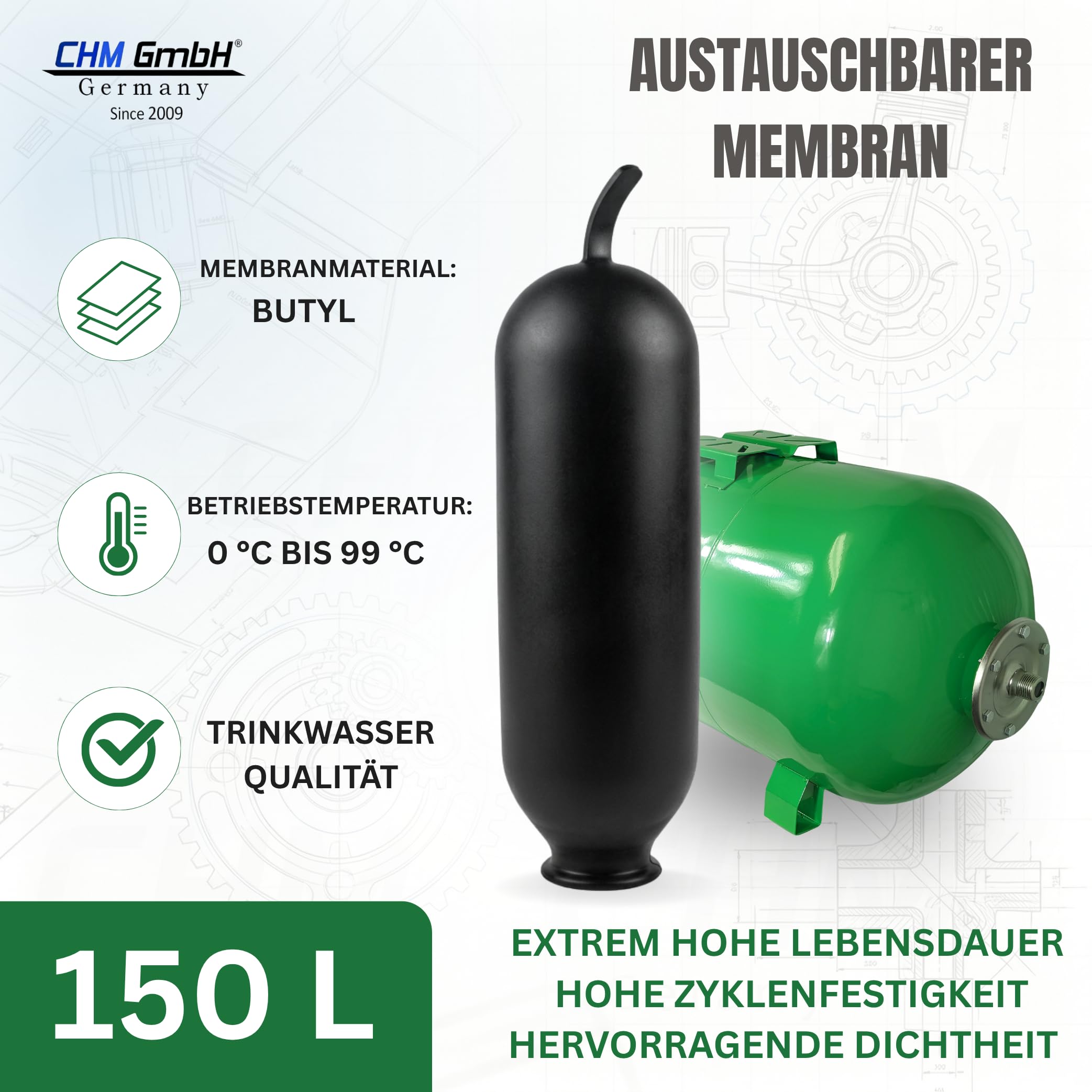 CHM Membrankessel 150 L horizontal, 10 bar, Trinkwasser, Butyl-Membran | Ausdehnungsgefäß/Druckkessel für Hauswasserwerk & Druckerhöhungsanlage, Anschluss 1" AG, Stahlkessel, austauschbarer Membran