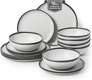 Grey Rim Vintage Melamine Dinnerware Set For 6 Outdoor Plates and Bowls Sets, Dishes Set