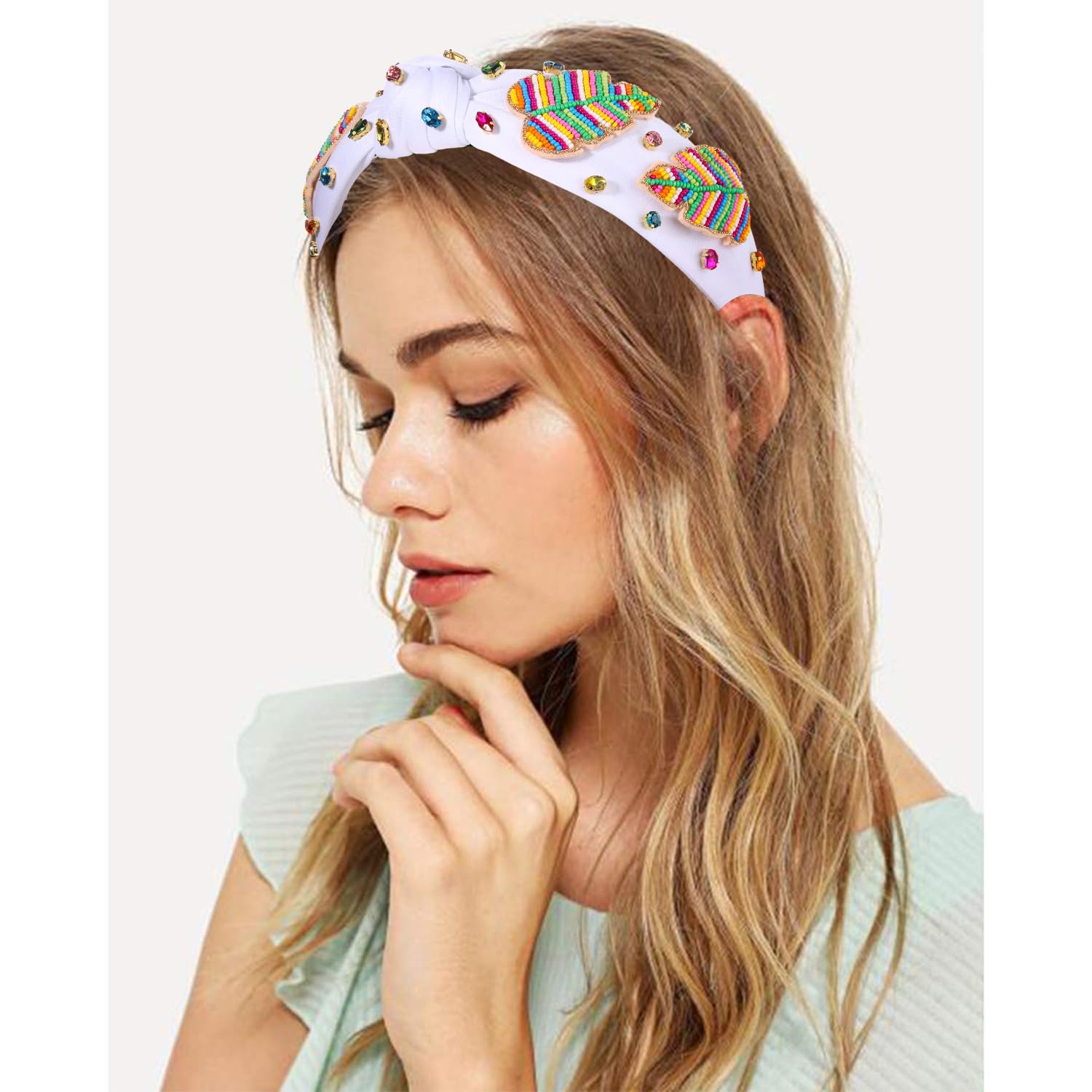 mokkia Summer Headband for Women Beaded Flower Palm Leaf Watermelon Fruit Headband Rhinestone Jeweled Knotted Hairband Boho White Pink Wide Top Knot Hairband Summer Beach Hair Accessories (Leaf A) - Image 2