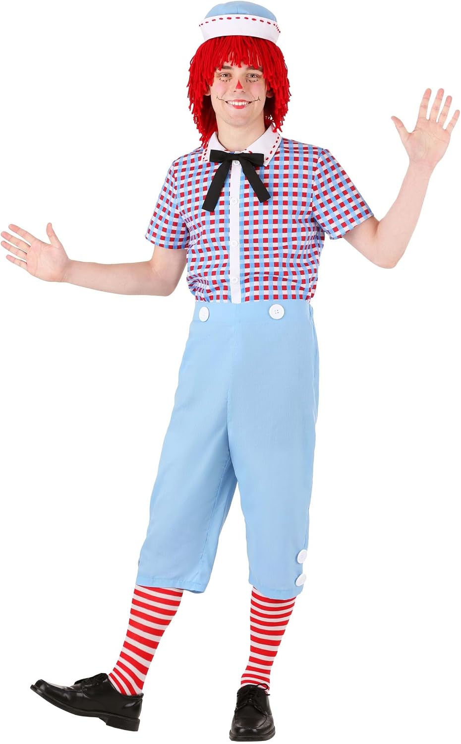 Adult Men's Raggedy Andy Costume | Checked Costume Shirt With Light Blue Pants, A Red Yarn Wig And Matching Hat