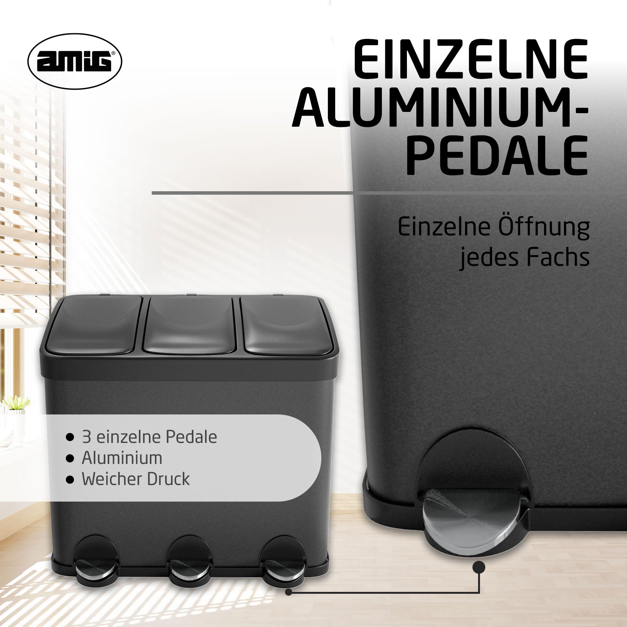 Amig - Dreifacher Mülleimer mit Pedalen 45 Liter Mod. RECIK3-3 herausnehmbare 15-Liter-Fächer - Recyclingbehälter für die Küche - Stahl - 60 x 37 x 49 cm - Mattschwarz