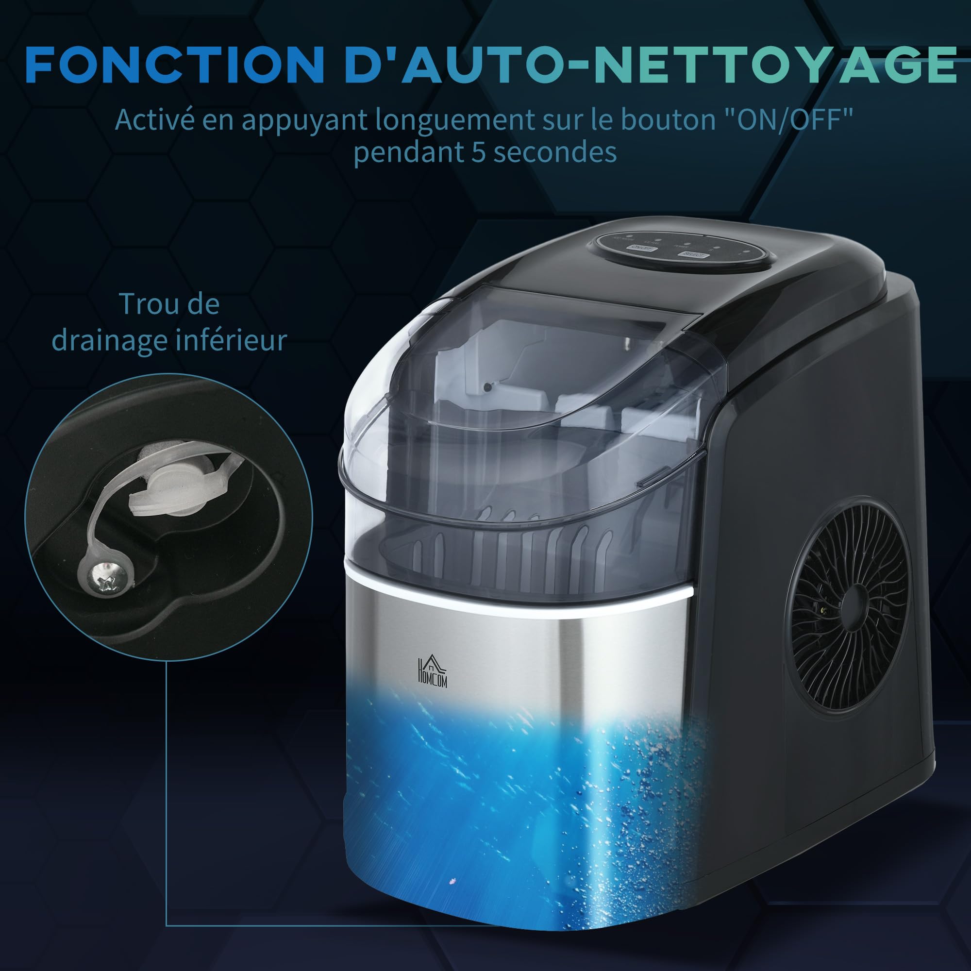 HOMCOM Machine à glaçons 12kg en 24h, Machine Glacon autonettoyant, capacité réservoir 1,8 L, Affichage LED, pelle et panier inclus, en acier Inox pour Maison, Cuisine, Bar