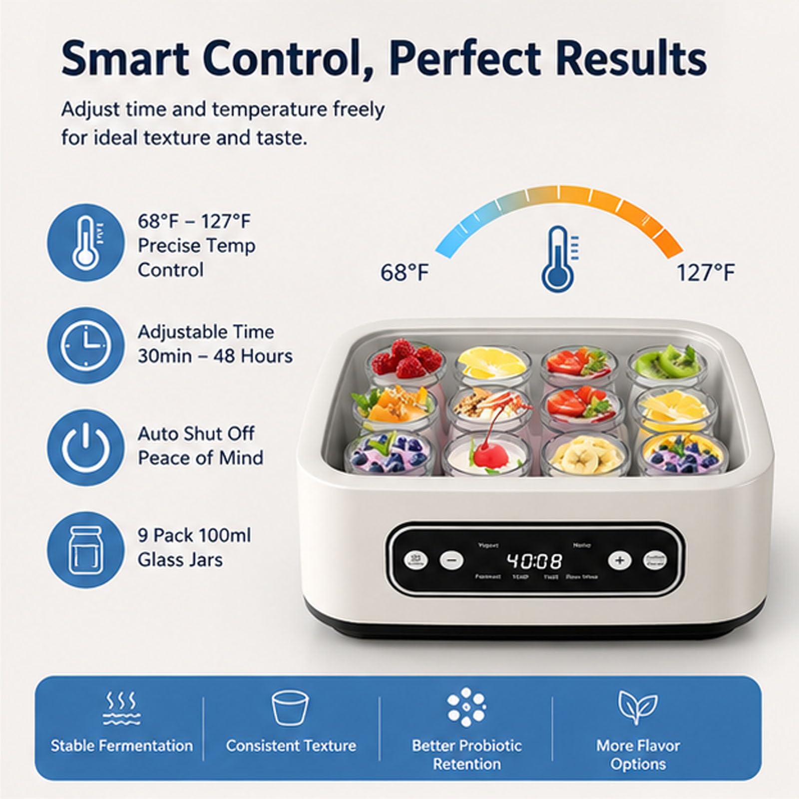 Yogurtiera con controllo regolabile di tempo e temperatura, con 9 vasetti in vetro da 100 ml, spegnimento automatico e temperatura costante, ideale per preparare dessert greci fatti in casa