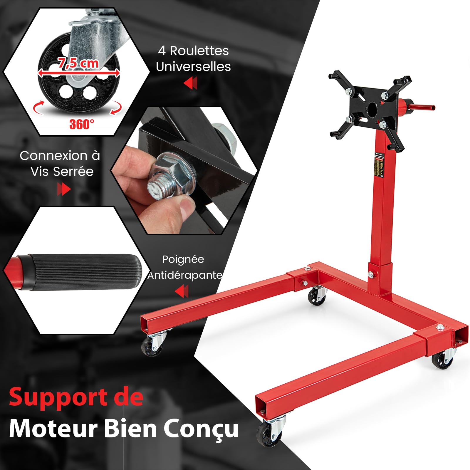 GYMAX Support de Moteur, Capacité 680 Kg, Support Moteur avec Tête Rotative à 360°, 4 Bras Réglables, 4 Roues Universelles, Support Moteur Robuste pour Atelier de Réparation Automobile, Garage