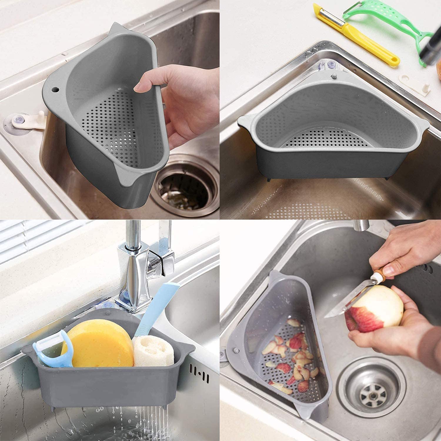 2 Paniers égouttoirs Triangulaires Pour évier - Avec Ventouse - Gris - Matériau PP Alimentaire