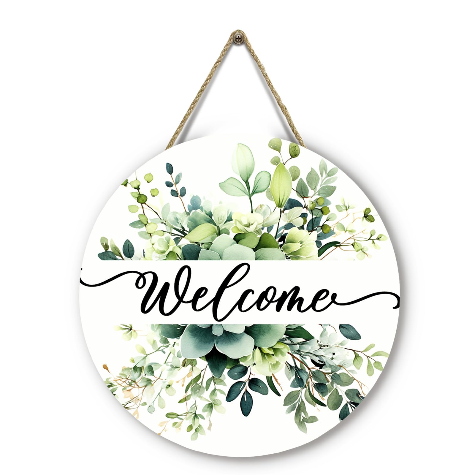 Spring Summer Welcome Door Sign Green Eucalyptus Leaf Wooden Door Hanger Floral Leaves Front Door Hanging Sign for Outdoor Home Farmhouse Porch Sign Decor