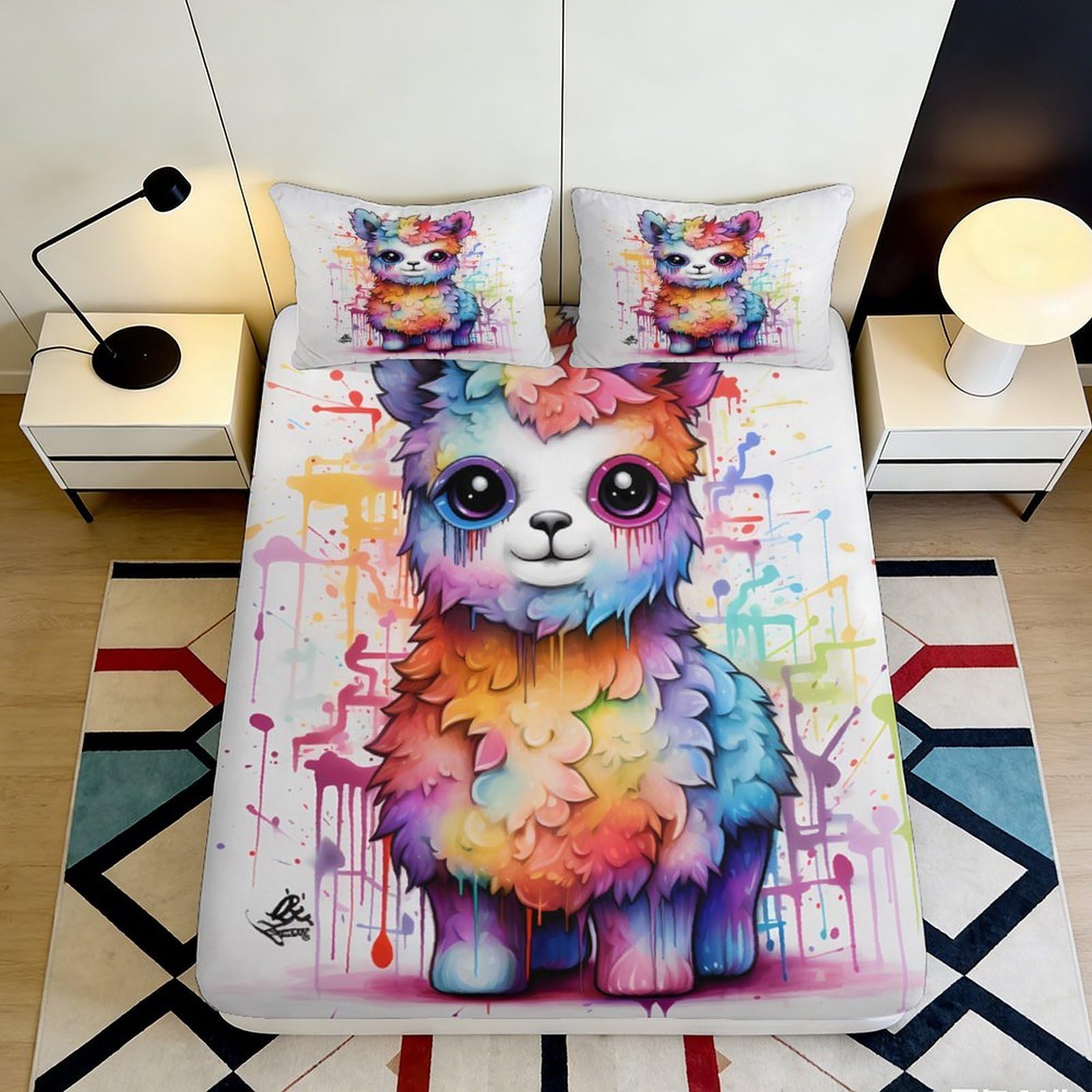 Uynsixtme Style-1 3D Printed Colourful Llama Fitted Sheet Microfiber Deep Pocket Non-Slip Bedroom Bedding For Adults Llama Mattress Fitted Cover Washable Full Wrap 200X200x25cm