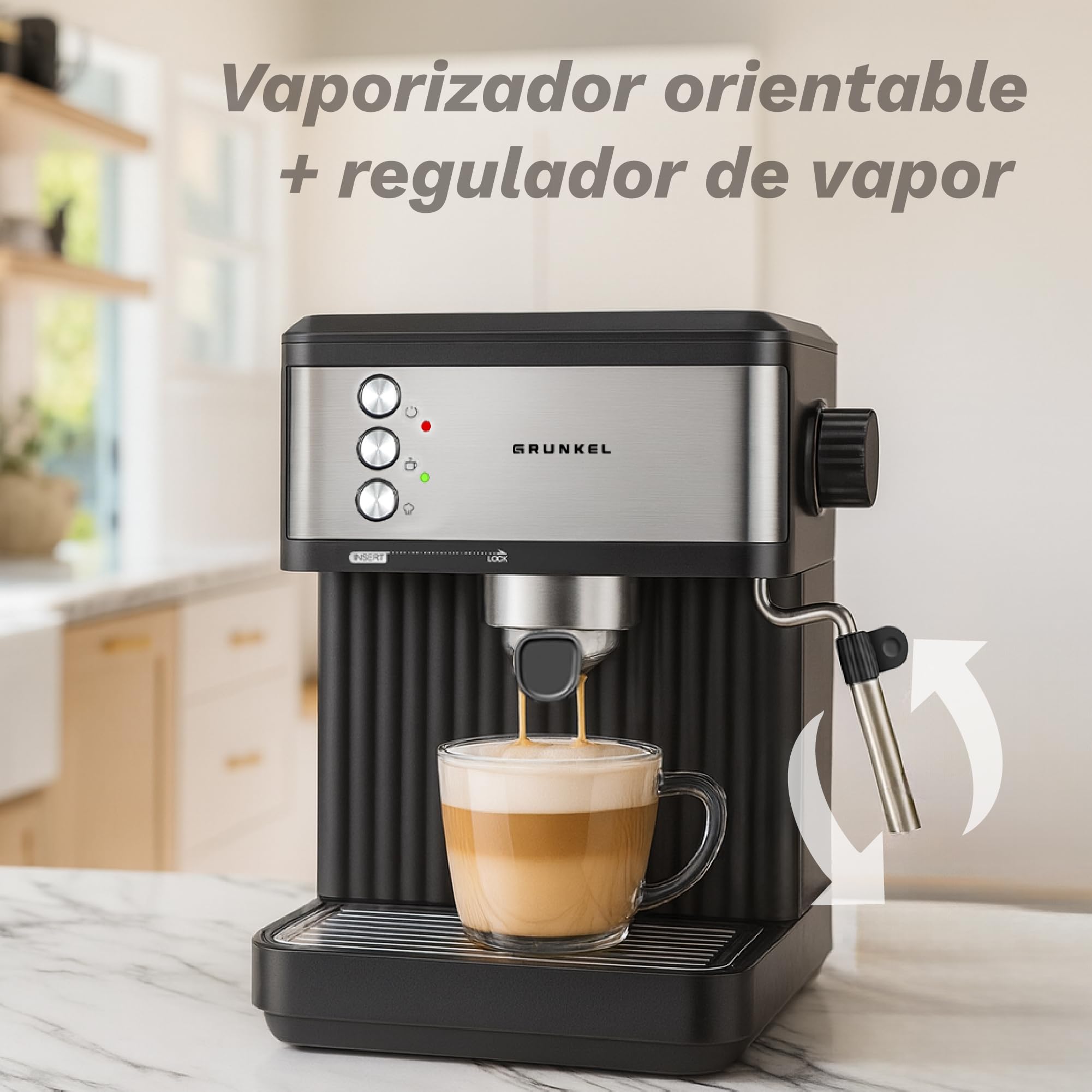 Grunkel Cafetera Espresso de 20 Bares, 850W, Panel Táctil/analogico con vaporizador orientable y brazo doble salida Depósito 1,8L (Analógica)