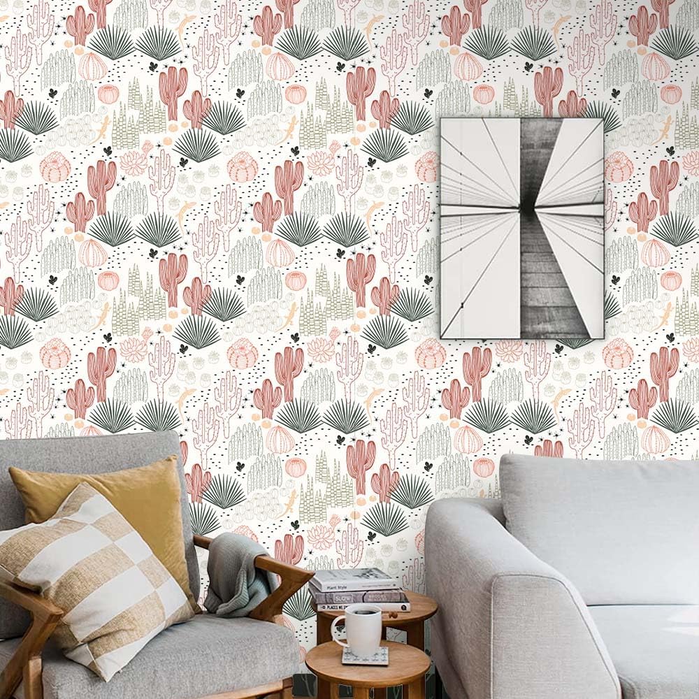 Large Tropical Cactus Wallpaper, 236.2 * 17.71 Thicken Removable Waterproof Tropical Plant Wallpaper Vinyl Self-Adhesive Wall Paper for Home Bedroom Cabinets and Kitchen Deco