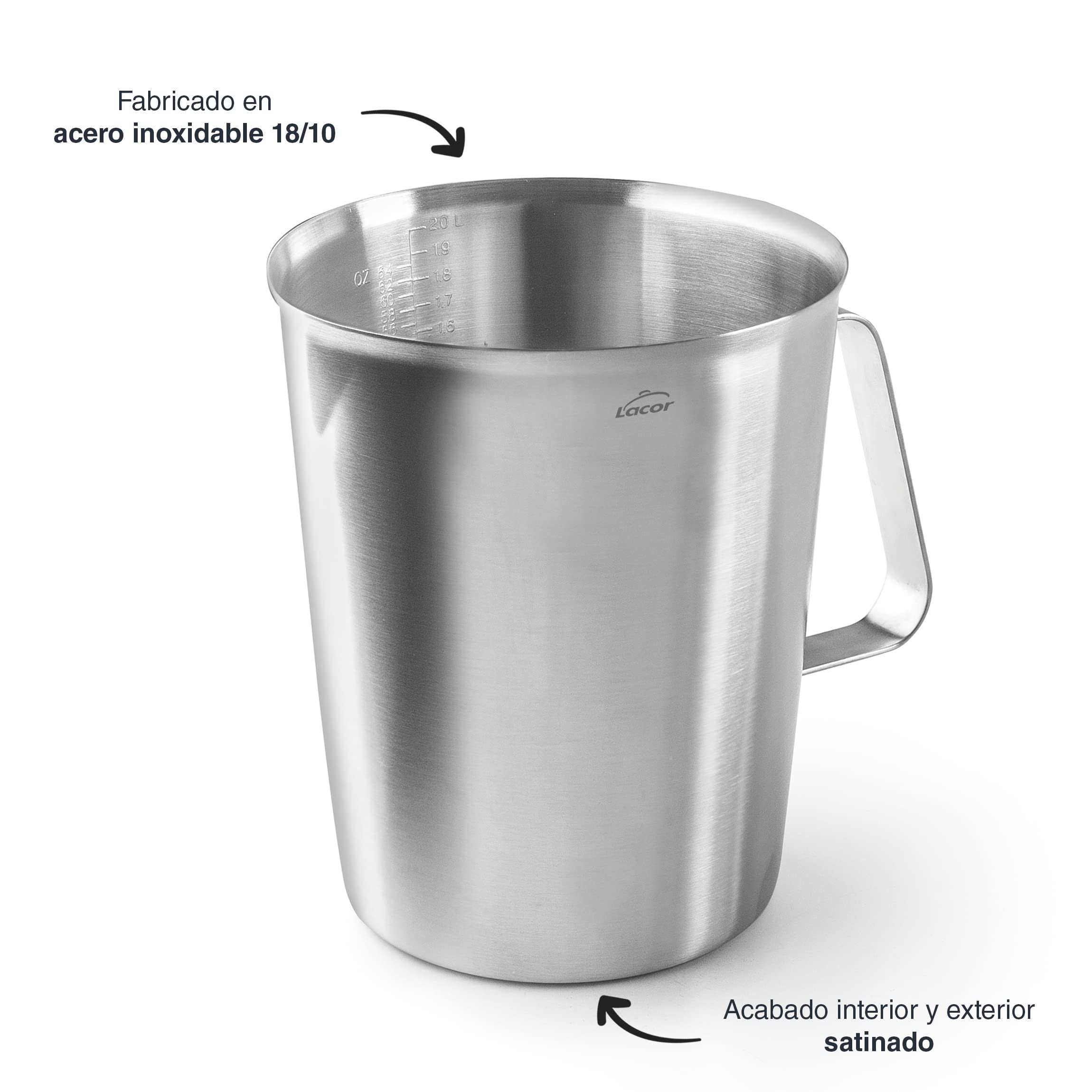 Lacor - 62742 - Jarra Medidora, Taza de Medir, Medidor de Líquidos, Acero Inoxidable, 15 cm, 2 L
