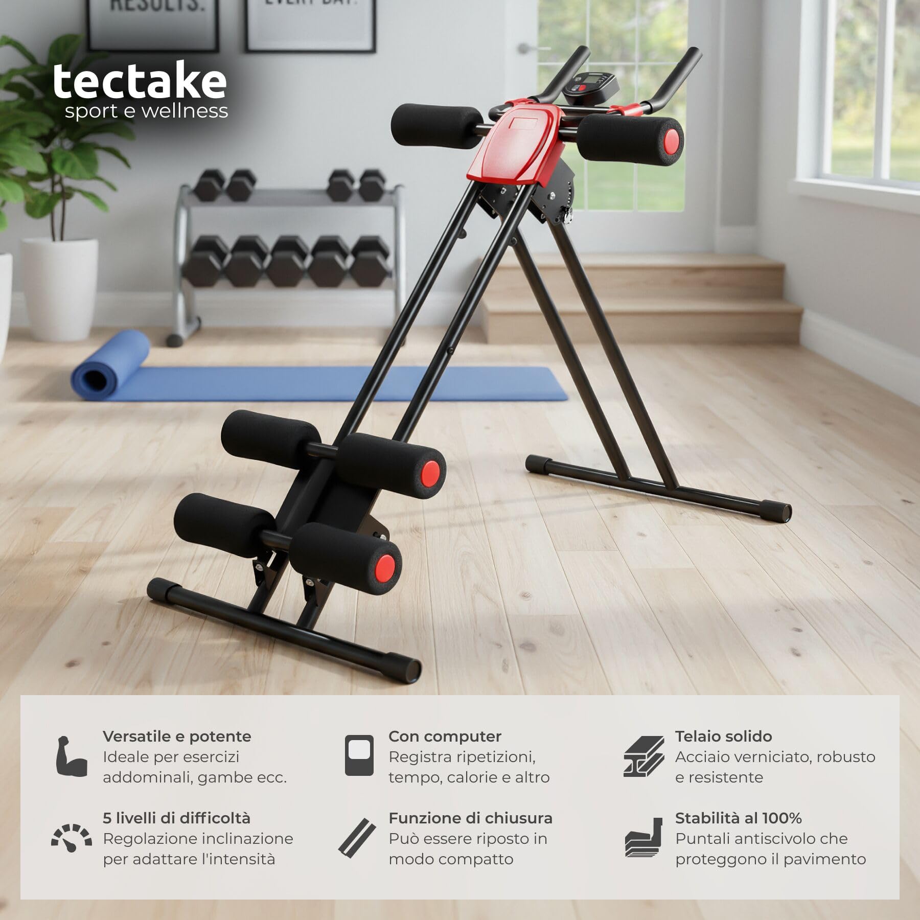 tectake® Attrezzo per Addominali Ripiegabile 100x54x92cm, Attrezzi Palestra Casa, Attrezzo Addominali Multifunzione e Salvaspazio per Palestra in Casa, Home Gym, Workout Abs, Allenamento Addome