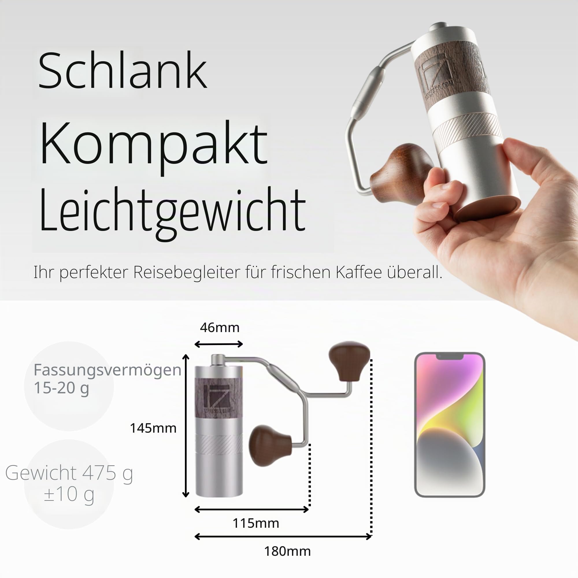 1Zpresso Q Manuelle Kaffeemühle Heptagonal Version, faltbarer Griff, Mini Slim Travel Größe Passt in den Kolben, Montage Edelstahl konischer Grat, Numerisch einstellbare Einstellung