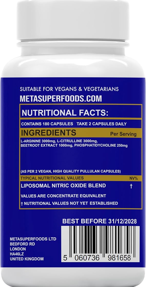 Nitric Oxide Supplement | L-Arginine, L-Citrulline & Beetroot Complex | 180 Capsules | 3 Month Supply, 2-A-Day | Liposomal Max Absorption | Energy, Circulation & Muscle Recovery Support | UK Company
