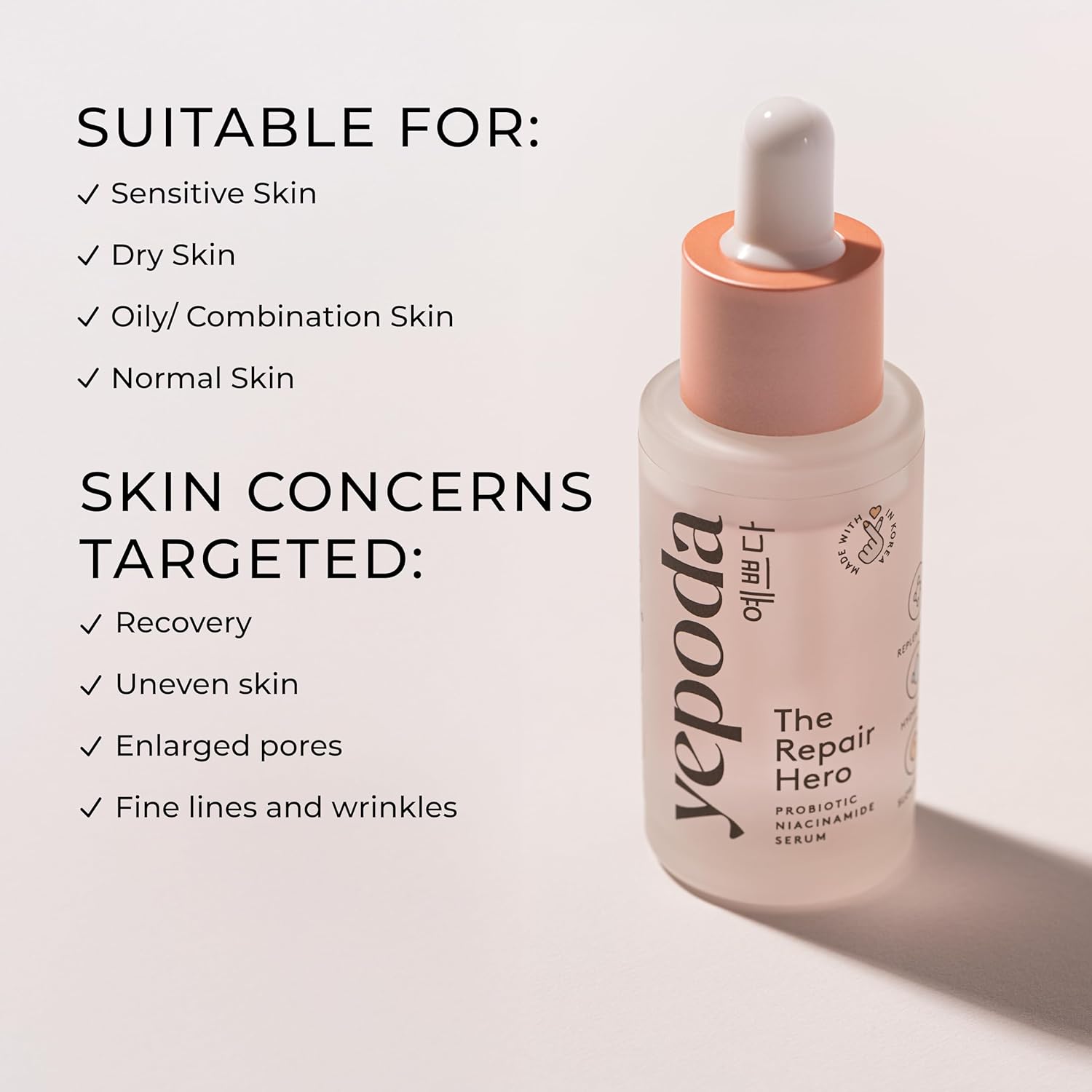 Yepoda Repair Hero Probiotic Niacinamide Serum, Hydrating & Balancing Korean Facial Serum with Antioxidants for Youthful-Looking Skin, Vegan & Refillable, Suitable for All Skin Types (1.01 fl oz)