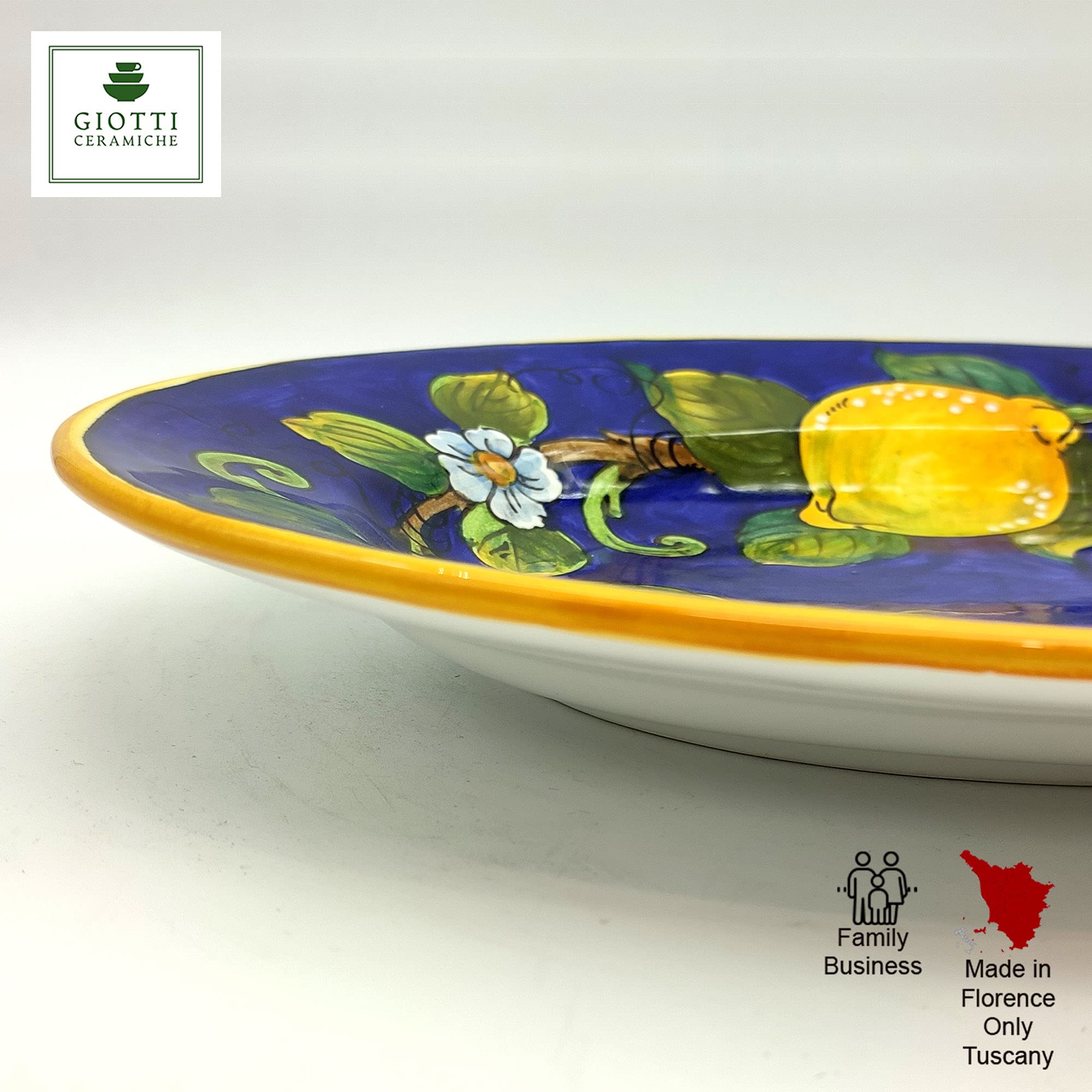 Large Oval Ceramic Tray for kitchen - Italian dinnerware meat serving - Lemons On Blue serving tray - Hand painted Tuscan pottery bowl - Made in Italy plates - Ceramics salad tuscany