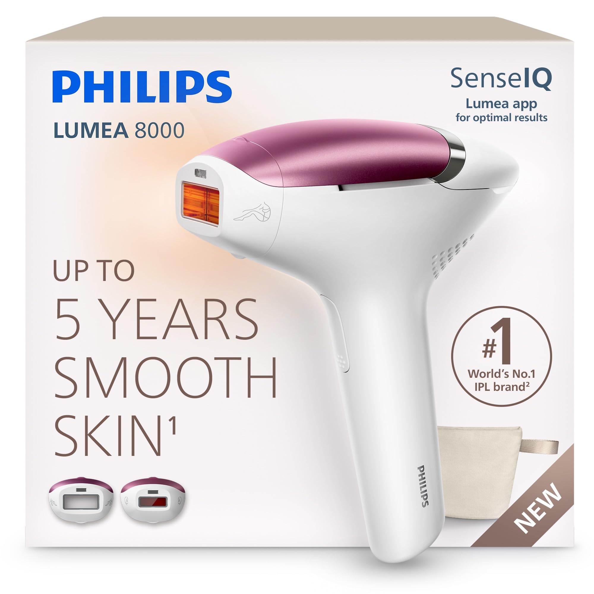 Philips Lumea 8000 IPL Hair Removal Device - Long-Lasting Salon-Like Laser Hair Removal Alternative, Easy Home Use, Medical Grade Safety, 2 Attachments for Body and Face, BRI874/02