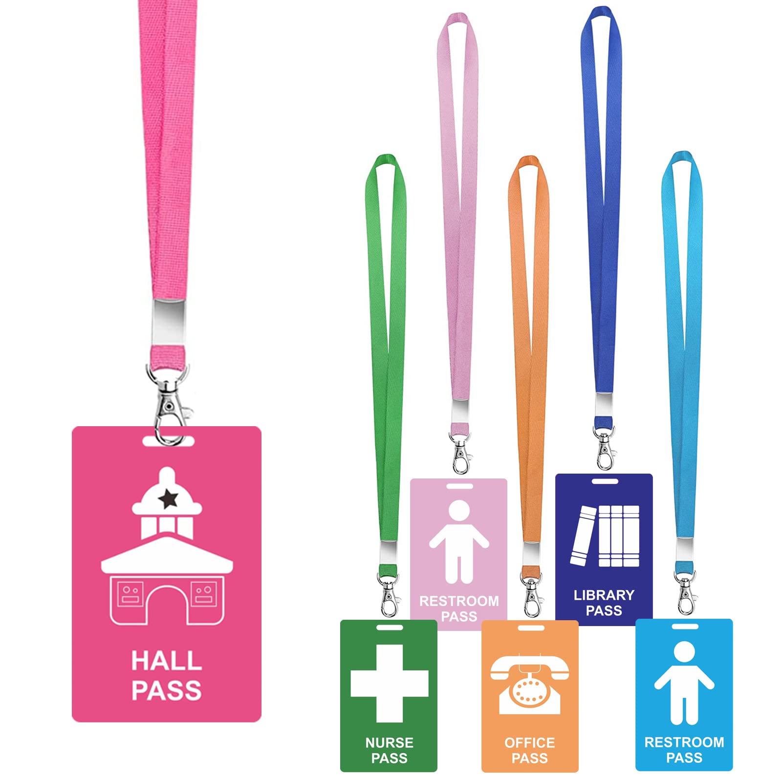 6 Sets PVC Hall Pass Lanyards - Unbreakable Hall Passes for Classrooms Set Includes Passes for Hall Bathroom Library Office and Nurse Ideal for Classroom School Supplies