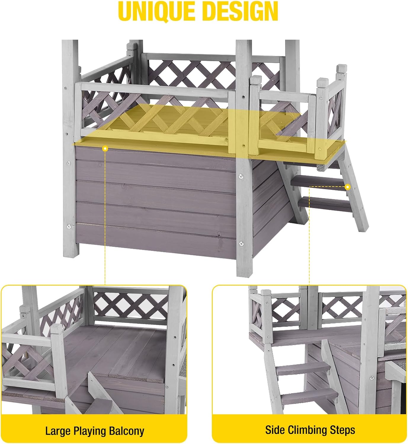 Aivituvin Cat House Outdoor or Indoor, Wooden Feral Cat Shelter with Weatherproof Roof and Escape Door, Kitten Condo with Large Balcony and Stairs