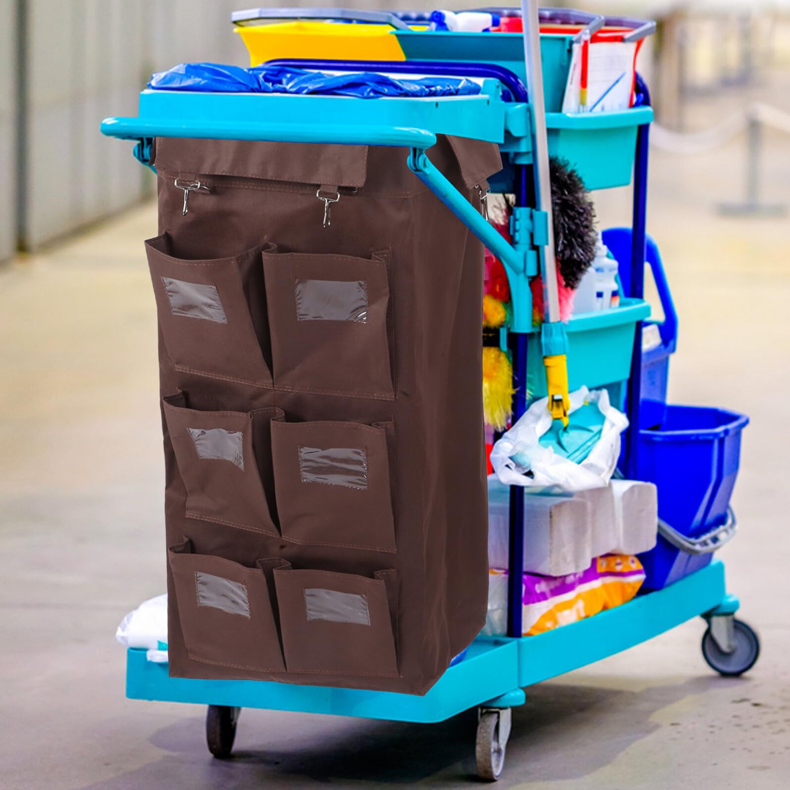Bolsa para Carrito de Limpieza Comercial de Tela con 6 Bolsillos, 85 Cm de Alto, Doble Lado, Gran Capacidad para Recogida de Basura y Organización en Hoteles, Hospitales