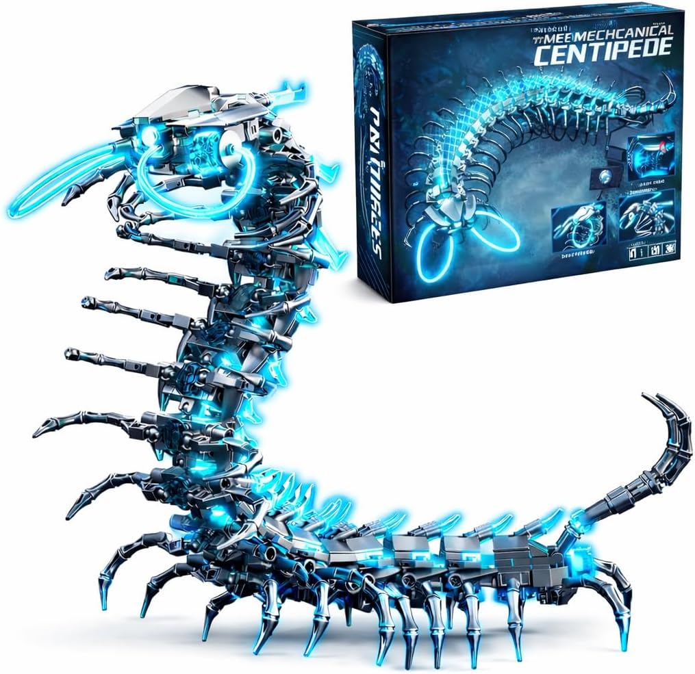 Glowing Centipede Building Set, Articulated Model with Rotating Light-Up Head & Tail, Multi-Joint Poseable Figure, STEM Construction Toy for Kids & Adults 698-Piece