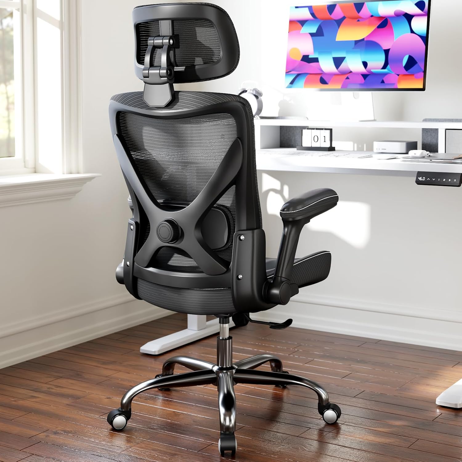 Ergonomic Office Chair-Computer X-Shaped Chair Mesh PU Leather with Adjustable Lumbar Support-Executive Desk Chair High Back with Headrest Flip-Up Arms for Long Hours (Black) - Image 2