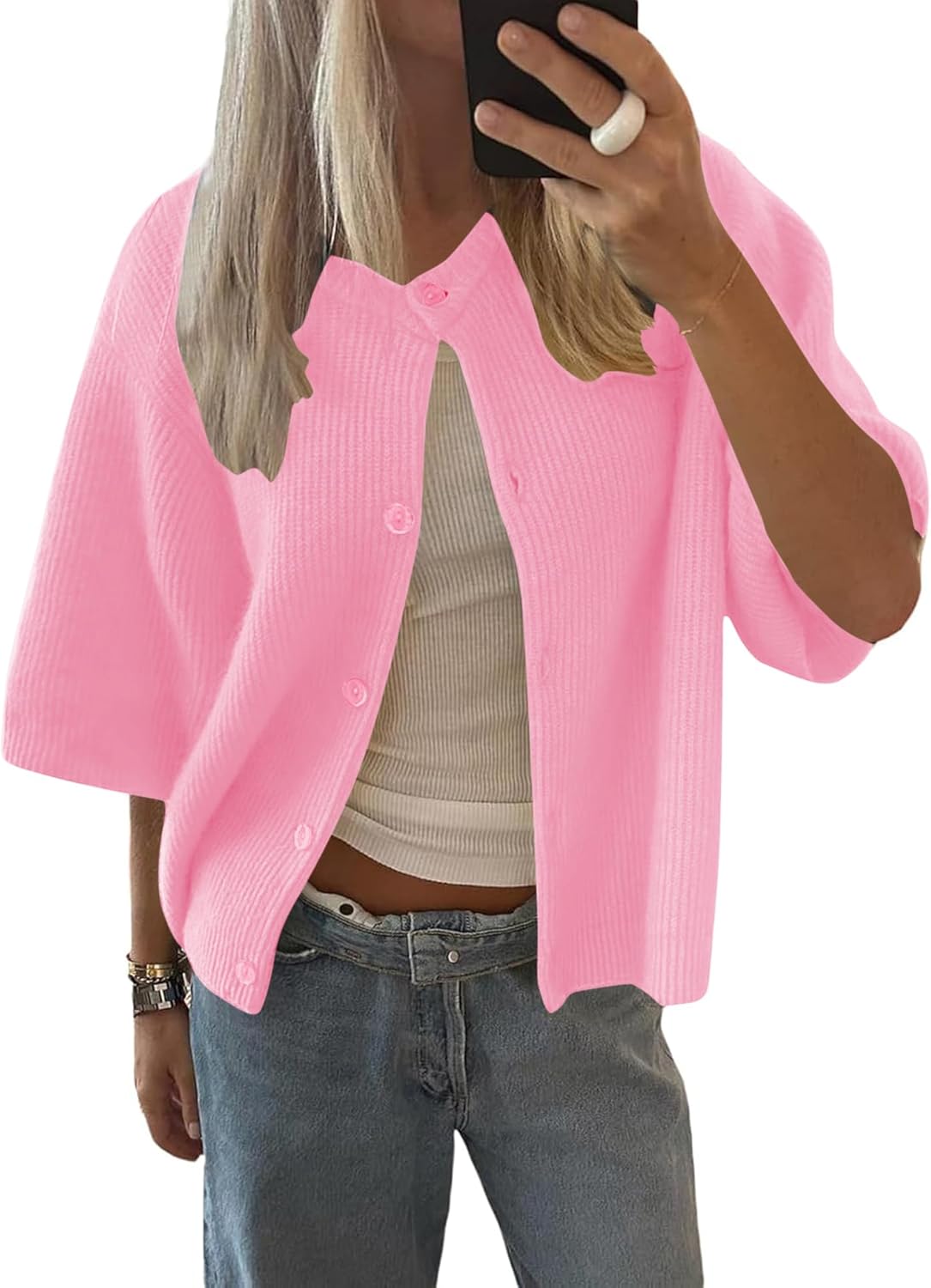 Lomon Womens Spring Summer Short Sleeve Cardigan Sweaters Trendy Crew Neck Button Down Lightweight Knit Outfit Y2k Clothes