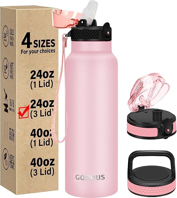 GOPPUS 750ml/24oz Insulated Water Bottles with Straw 0.75 Litre Metal Bottles Steel Thermal Flask Stainless Steel Gym Bottle Double Walled Drinks Bottle Leakproof Hot/Cold Water Flask BPA Free
