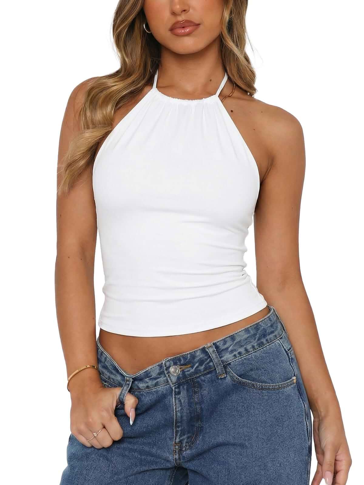 Women's Tie Halter Tops Sexy Backless Double Lined Going Out Crop Tank Tops Stretch