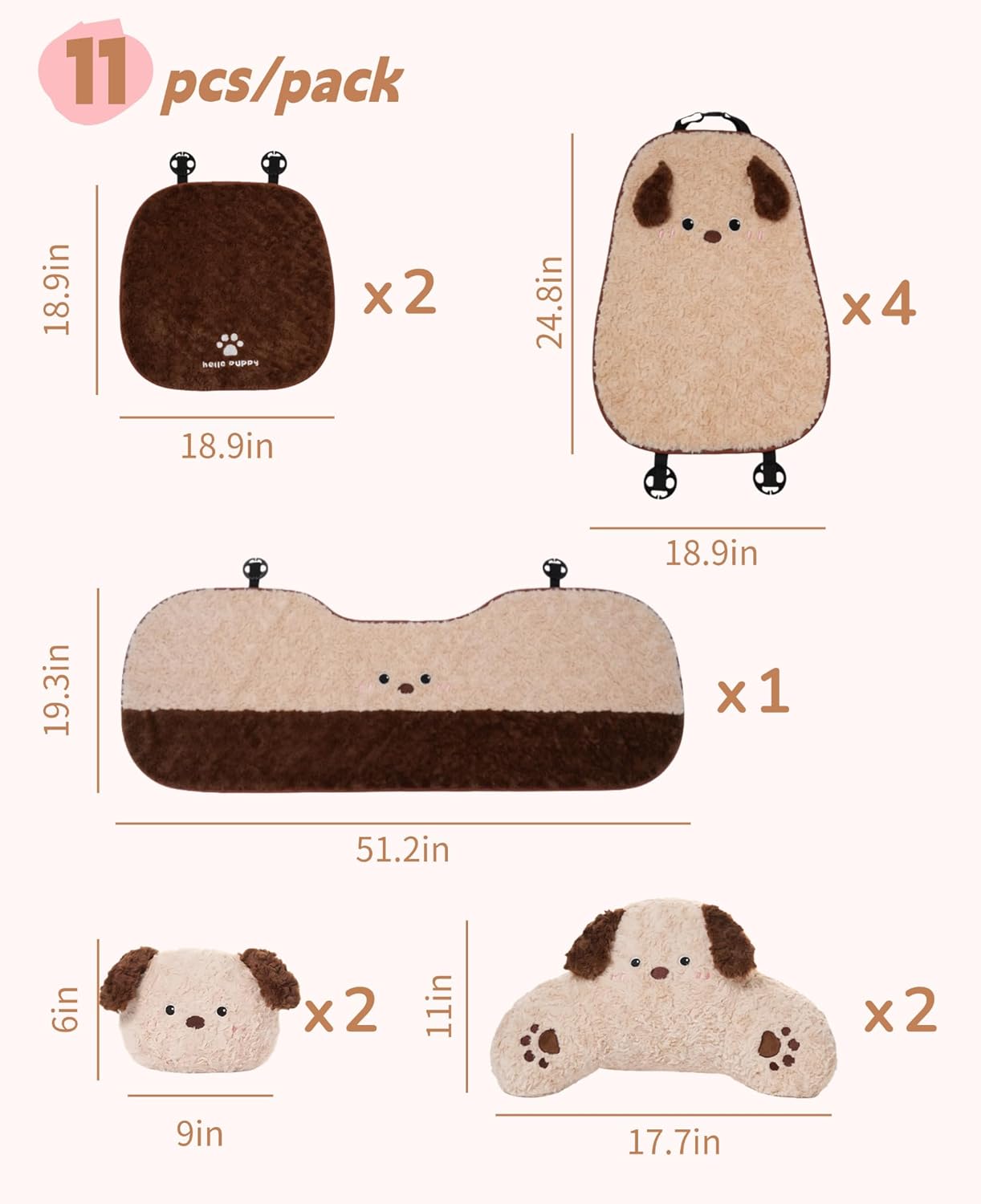 Cute Fluffy Dog Car Seat Cushions Covers Front and Rear Seat Pads Full Set 11PCS for 5 Seats, Winter Warm Automotive Interior Accessories for Cars SUV, Truck, Pickups (Fuzzy Dog - 11pcs)