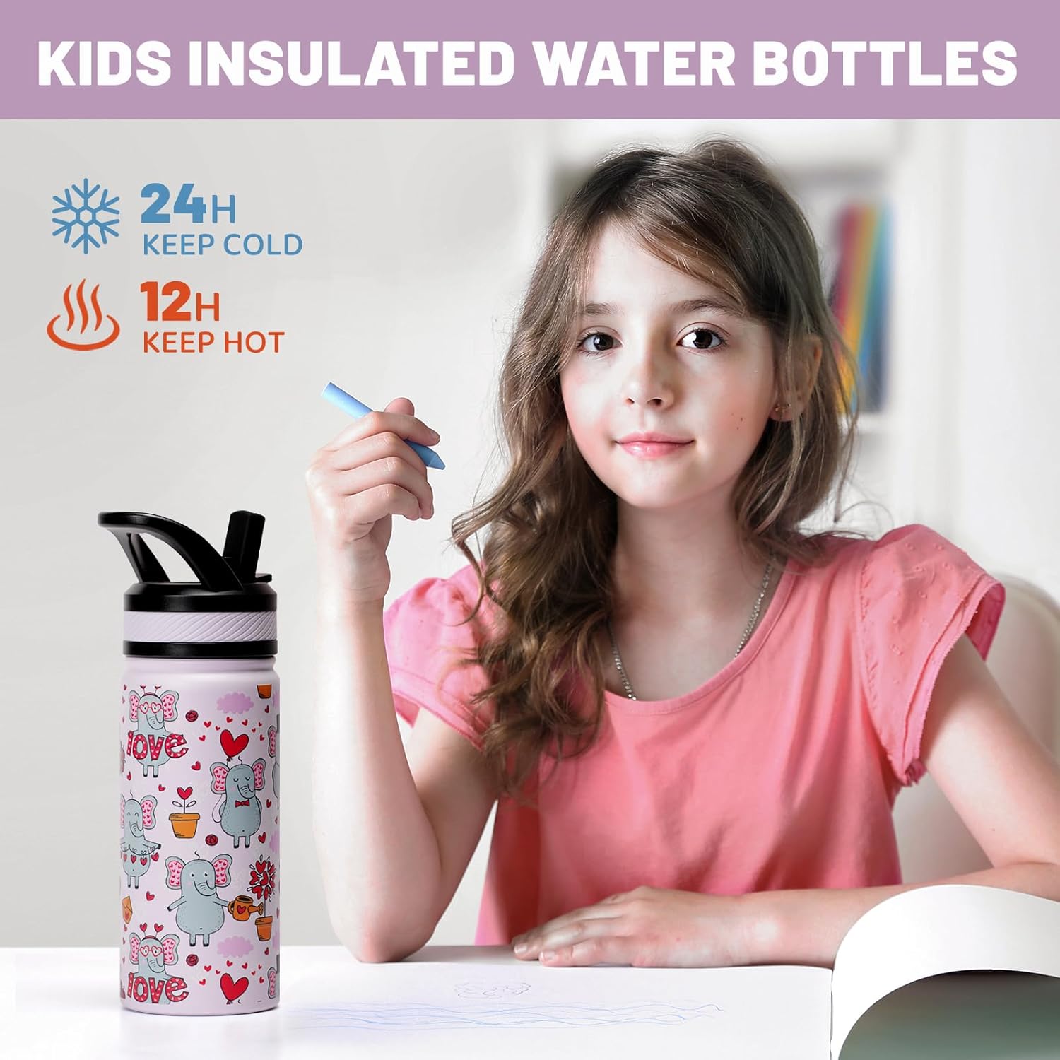 Kids Insulated Water Bottle with Straw Lid, 20 oz BPA-FREE Double Wall Vacuum Tumbler 18/8 Stainless Steel Leak Proof Kids Cups with Straw for School Travel Boys Girls (Love Elephant) - Image 2