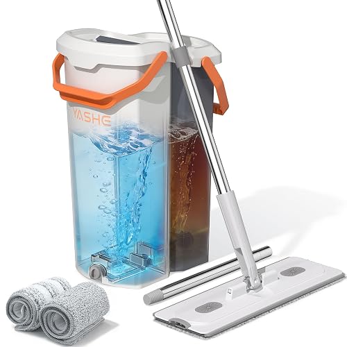YASHE Mop and Bucket Set with Detachable Space-Saving Bucket, Mop for Floor Cleaning with Wringer, Wall Mop with 360° Rotating Mop Head, 2 Reusable Microfiber Mop Pads