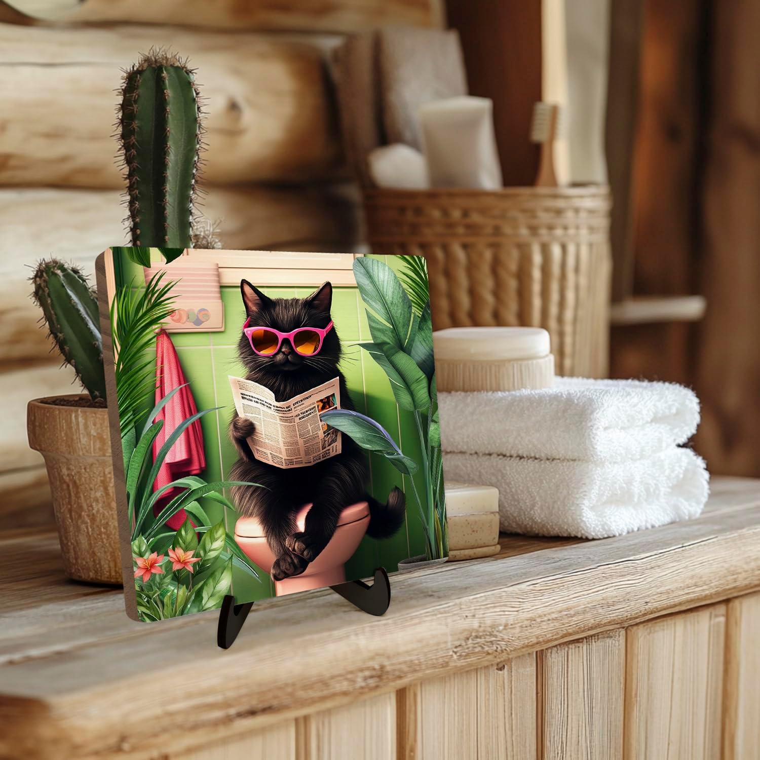Funny Black Cat Bathroom Sign, Black Cat Sitting on Toilet Reading Newspaper,Modern Humorous Illustration Style Wood Plaque Sign with Stand,Bathroom Toilet Home Shelf Desk Decor.5.9x5.9 Inch(CAT) image 3