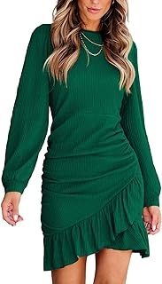 CUPSHE Women Knit Ruched Fall Dress Smocked Ruffle Hem Crew Neck Long Sleeve Bodycon Sexy Casual Holiday Mini Dress