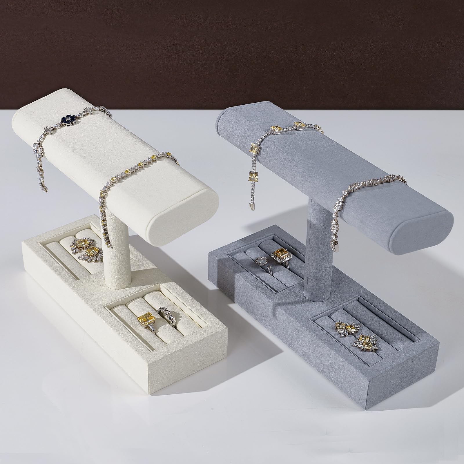 Mikrofaser-Uhrenständer, T-Bar, Uhrenring-Ständer für Damen und Herren, Schmuck, Armband, Uhren, Ring-Organizer für Geschäft und Zuhause (grau)