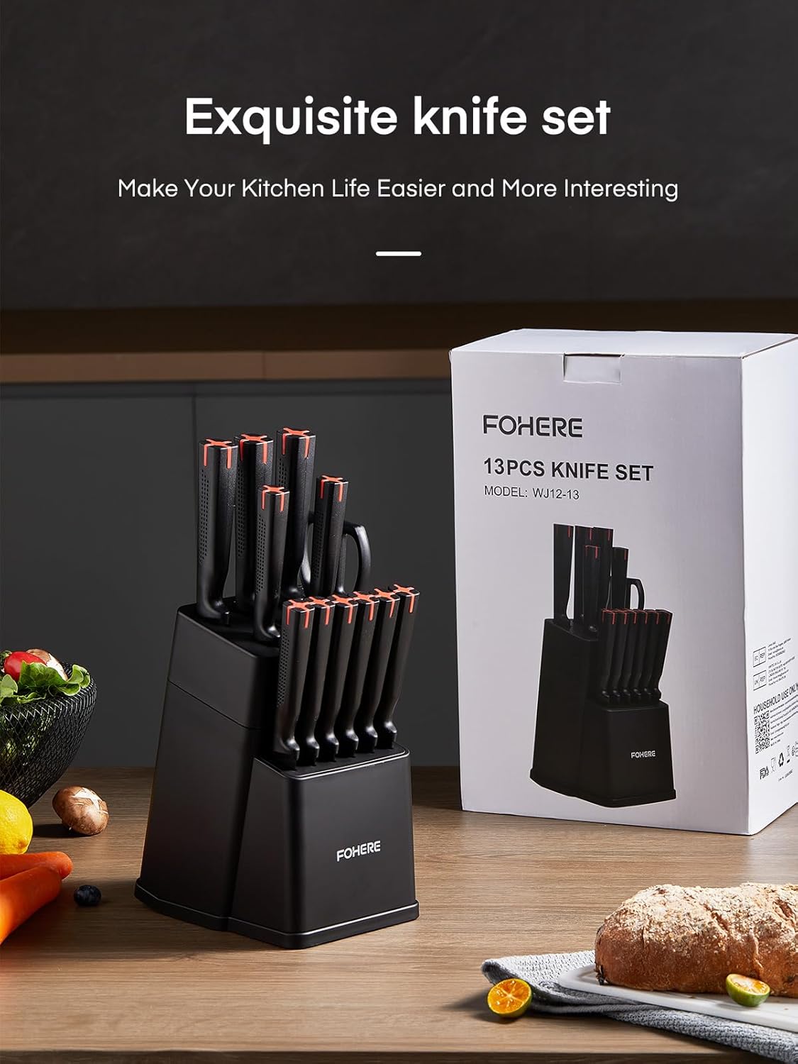 FOHERE 13 Pieces Knife Set with Block Stainless Steel Knive Sets for Kitchen with Built-in Sharpener Sharp Black Kitchen Knife Block Set with Anti-slip Handle,Black