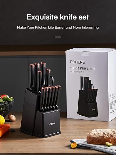 Miniatura 8 de FOHERE Juego de cuchillos de 13 piezas con bloque de acero inoxidable para cocina con afilador integrado, juego de bloques de cuchillos de cocina