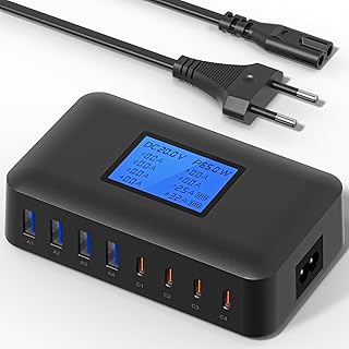 200W Caricatore USB Multiplo, 8 Porte Caricatore USB C con PD 65W e QC 18W, Stazione di Ricarica Rapida con Schermo LCD, Compatibile con MacBook Pro/Air, iPhone 16/15/14 Pro Max, iPad, Samsung S24/S23