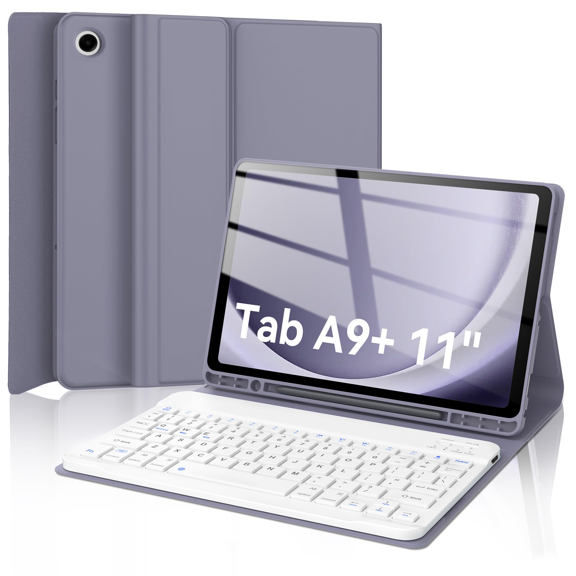 Keyboard Case for Samsung Galaxy Tab A9 Plus/A9+ 5G 11ā(SM-X210/X216/X218), Detachable Wireless Bluetooth Keyboard, Smart Folio Cover with S Pen Holder, Auto Sleep/Wake, Light Purple