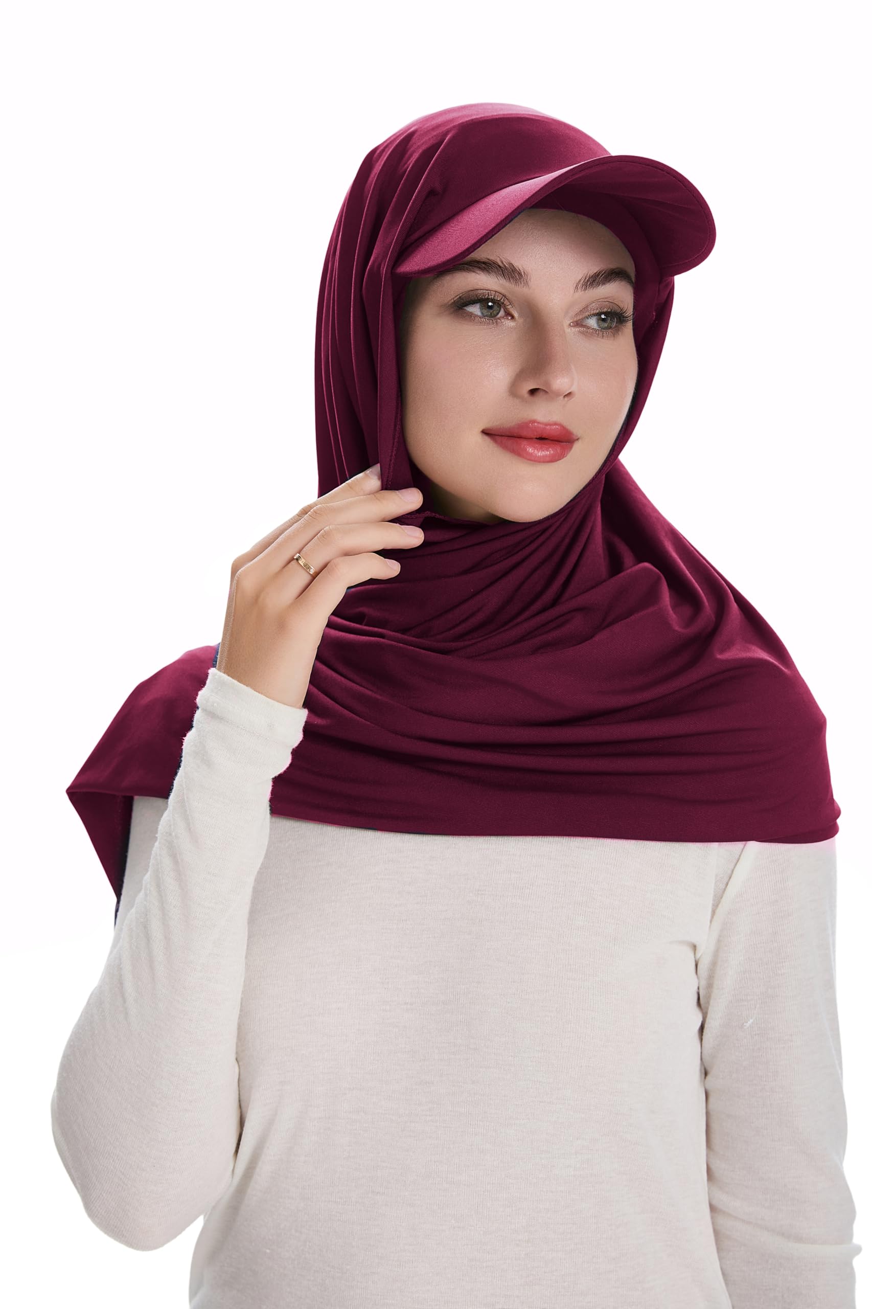 DLAPL Long Headscarf Hijabs Beanie with Baseball Visor for Muslim Women(Burgundy),One Size