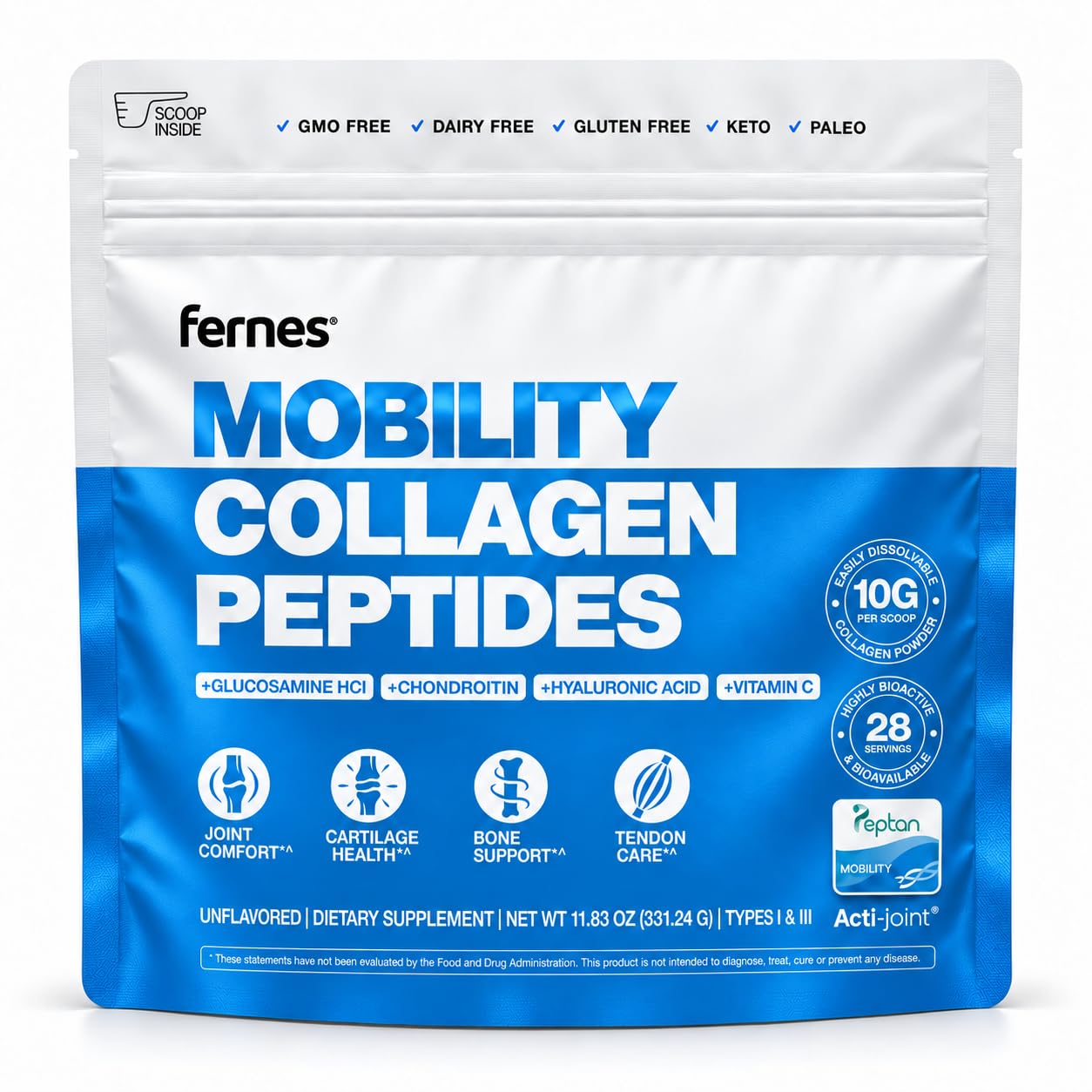 Mobility Collagen Peptides Powder - Glucosamine, Chondroitin, Hyaluronic Acid & Liposomal Vitamin C Joint Bone & Cartilage Support Grass-Fed Type I & III Keto & Paleo 28 Servings, 11.83 oz 11.83 Ounce (Pack of 1)
