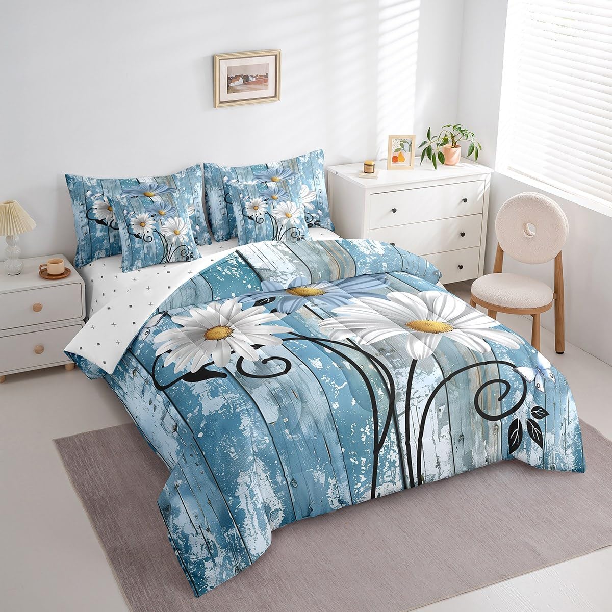 Farmhouse Flower Comforter Sets Rustic County Floral Bedding Set 7 Pieces,Country Blue Daisy Bed In A Bag Full Size for Adults Farm House Room Decor,Wildflower Wooden Sheet Set With Comforter