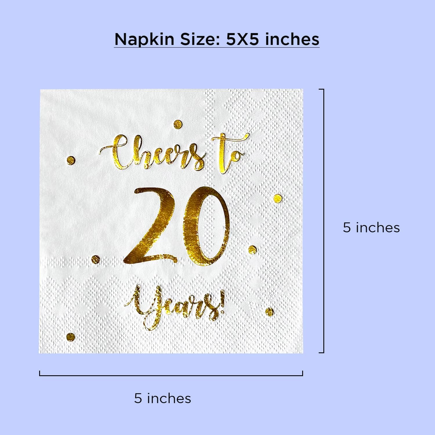 Cheers to 20 Years Cocktail Napkins | Happy 20th Birthday Decorations for Men and Women and Wedding Anniversary Party Decorations | 50-Pack 3-Ply Napkins | 5 x 5 inch Folded (White)
