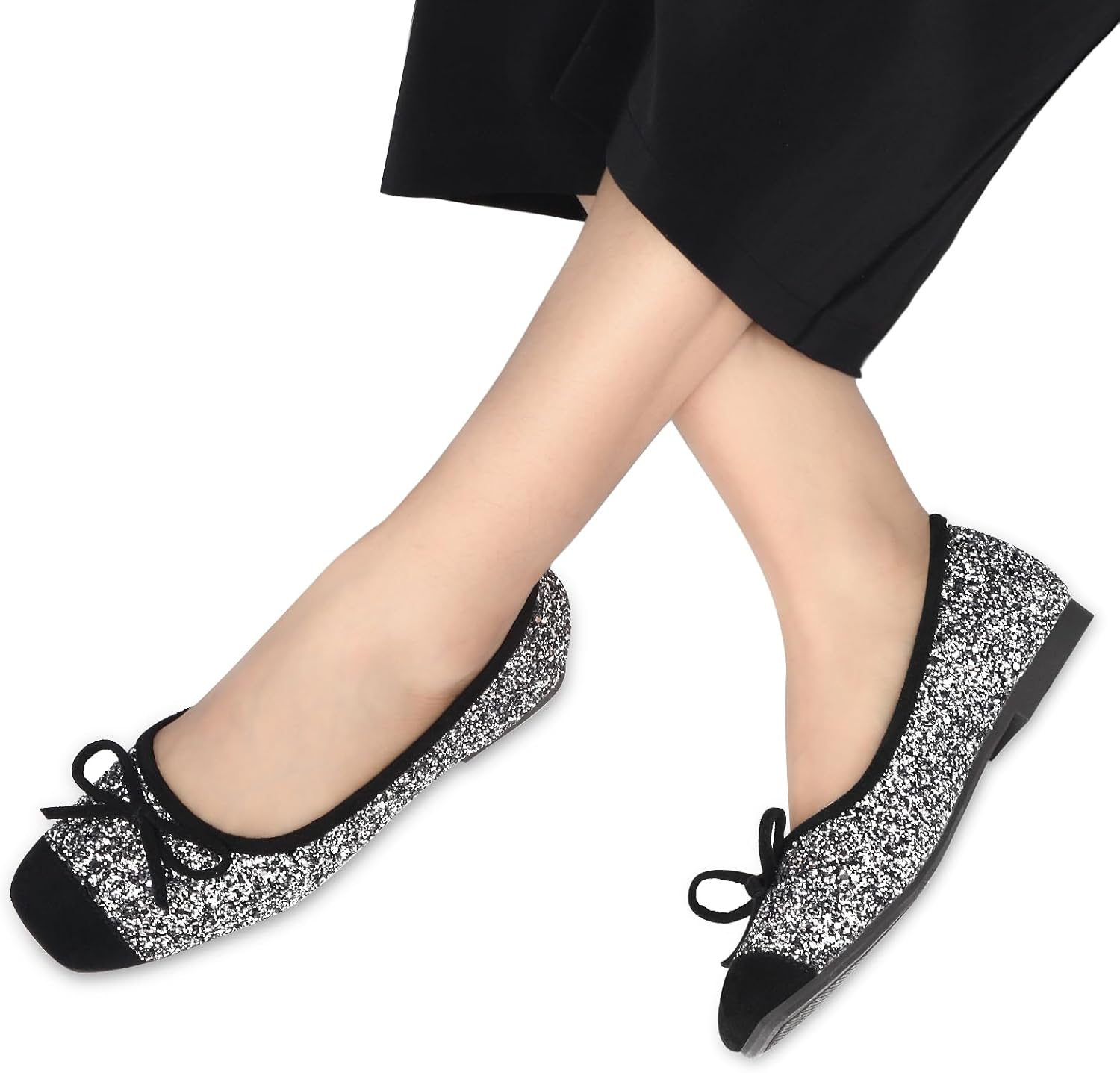 Women's Ballet Flats Cap Toe Bow Flats Two Tone Slip On Flats Comfort Square Toe Dressy Flat Shoes for Casual Work - Image 2