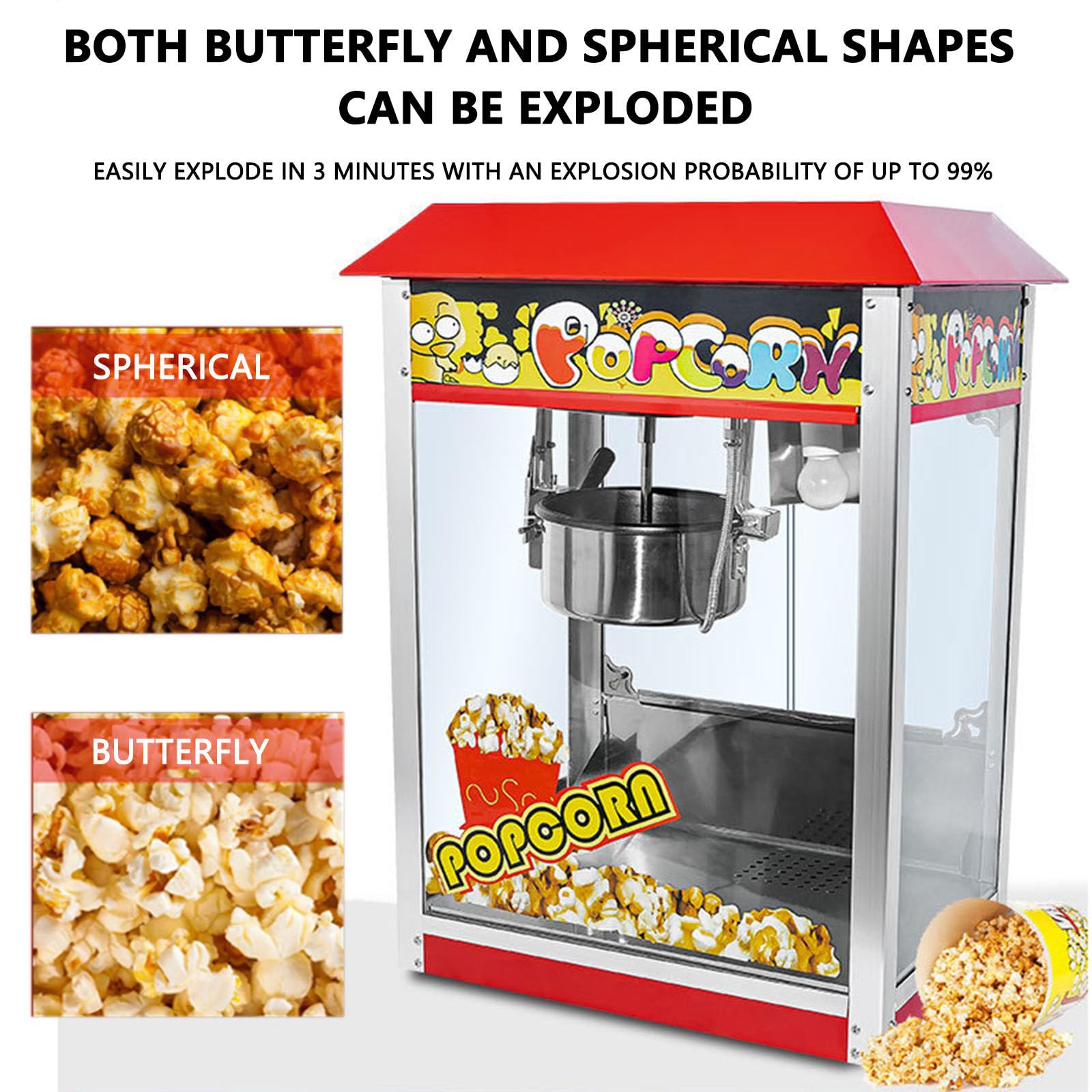 Palomitero,Máquina de Palomitas de maíz de sobremesa | Comercial Doméstico Cine（Tejadillo Rojo, Olla con Revestimiento de Teflón,10 oz,1400 W)