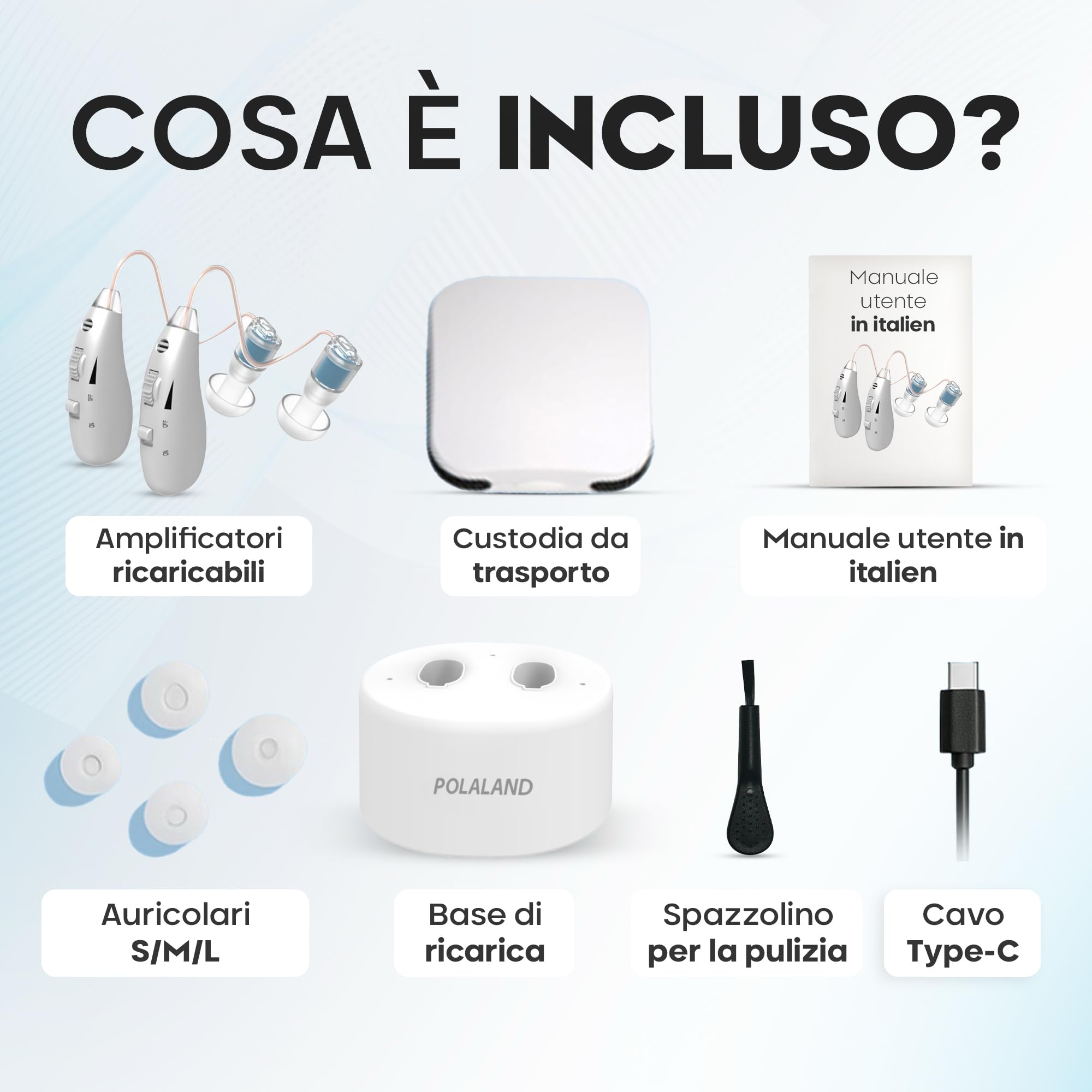 Amplificatore di Suono Personale Ricaricabile (2 Unità), Ultraleggero (4 g) Retroauricolare (BTE), Chip DSP, Volume Regolabile, Base di Ricarica Magnetica, per TV e Conversazioni