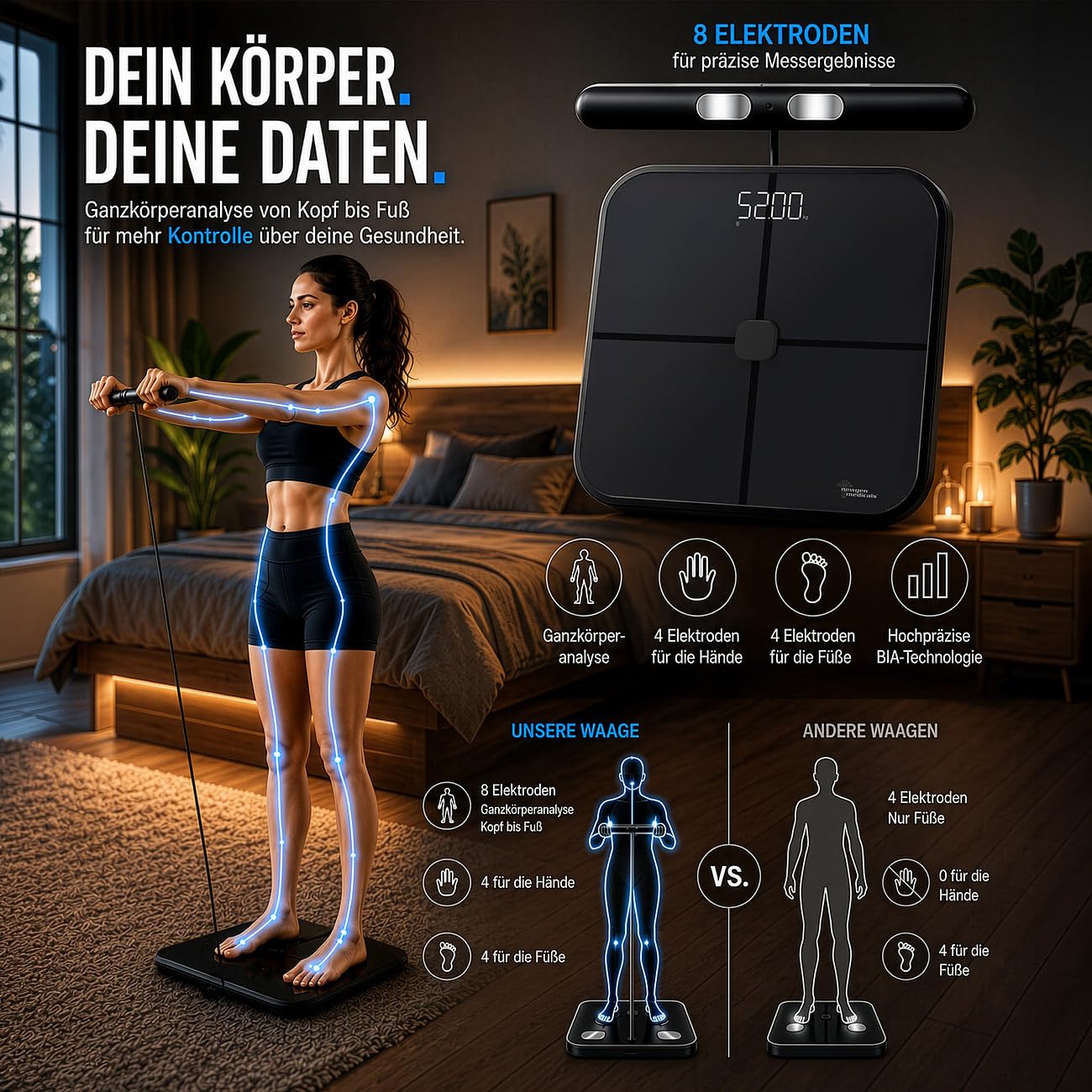Bilancia pesapersone digitale Bluetooth con sensori manuali, 8 elettrodi, nera