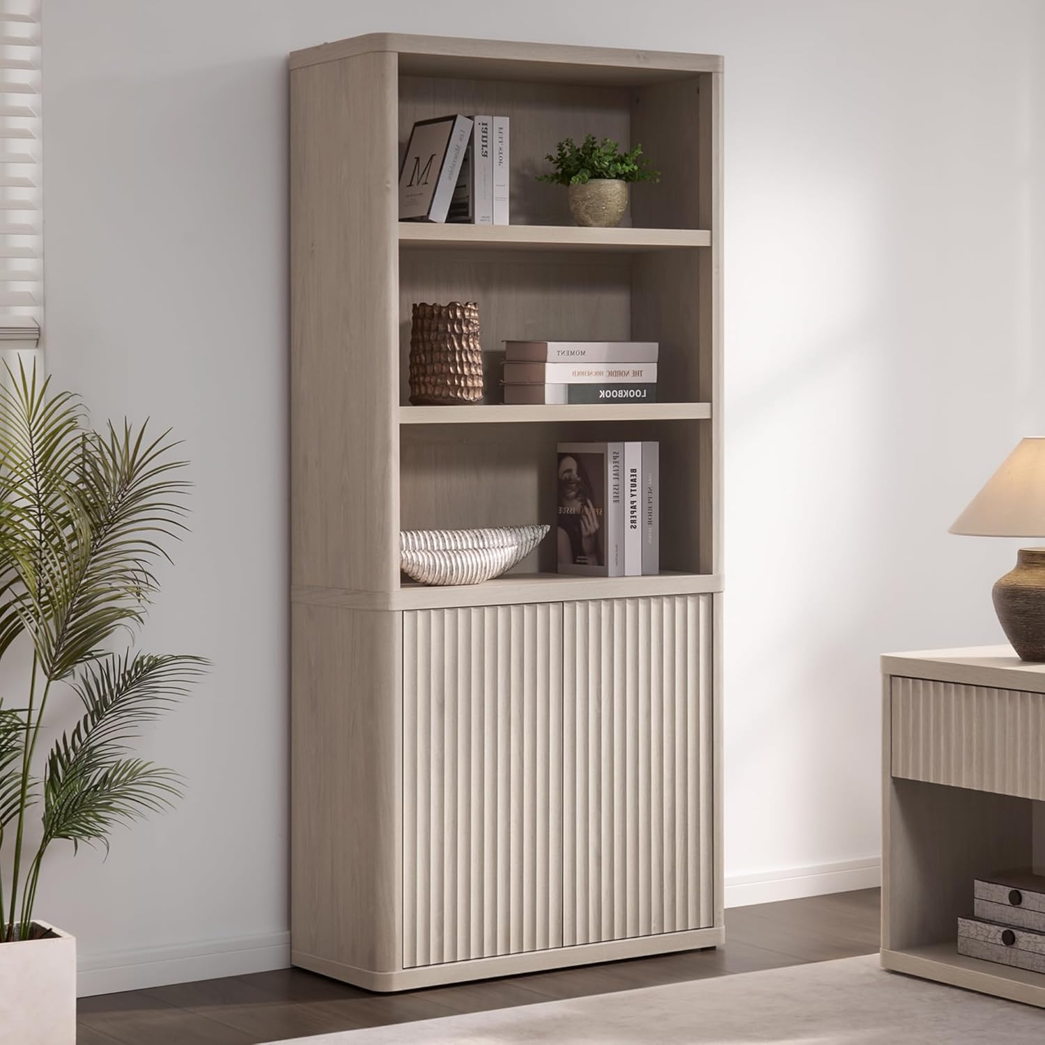 SICOTAS Book Shelf with Doors 71" Tall 6 Tier Bookshelf with Adjustable Shelves Fluted Booshelves & Bookcases Modern Book Case with Large Storage Display Cabinet for Living Room Home Office Bedroom