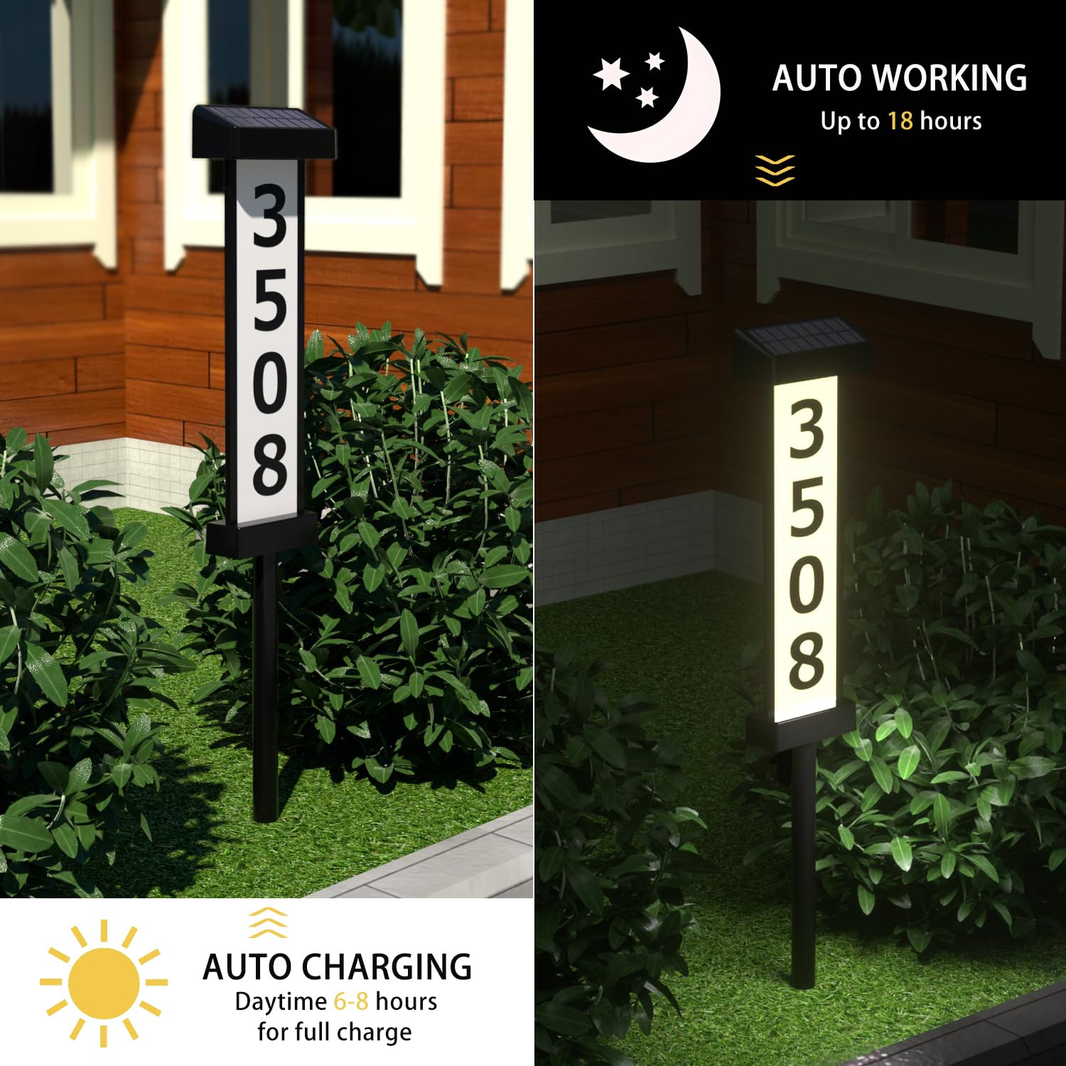 Hausnummern für Außenbeleuchtung, 3D-Upgrade-Acrylnummer, Solar-Adressschilder für Hof, mit Plakettenpfähle, wasserdicht, beleuchtet, für Garten, Terrasse, Rasen