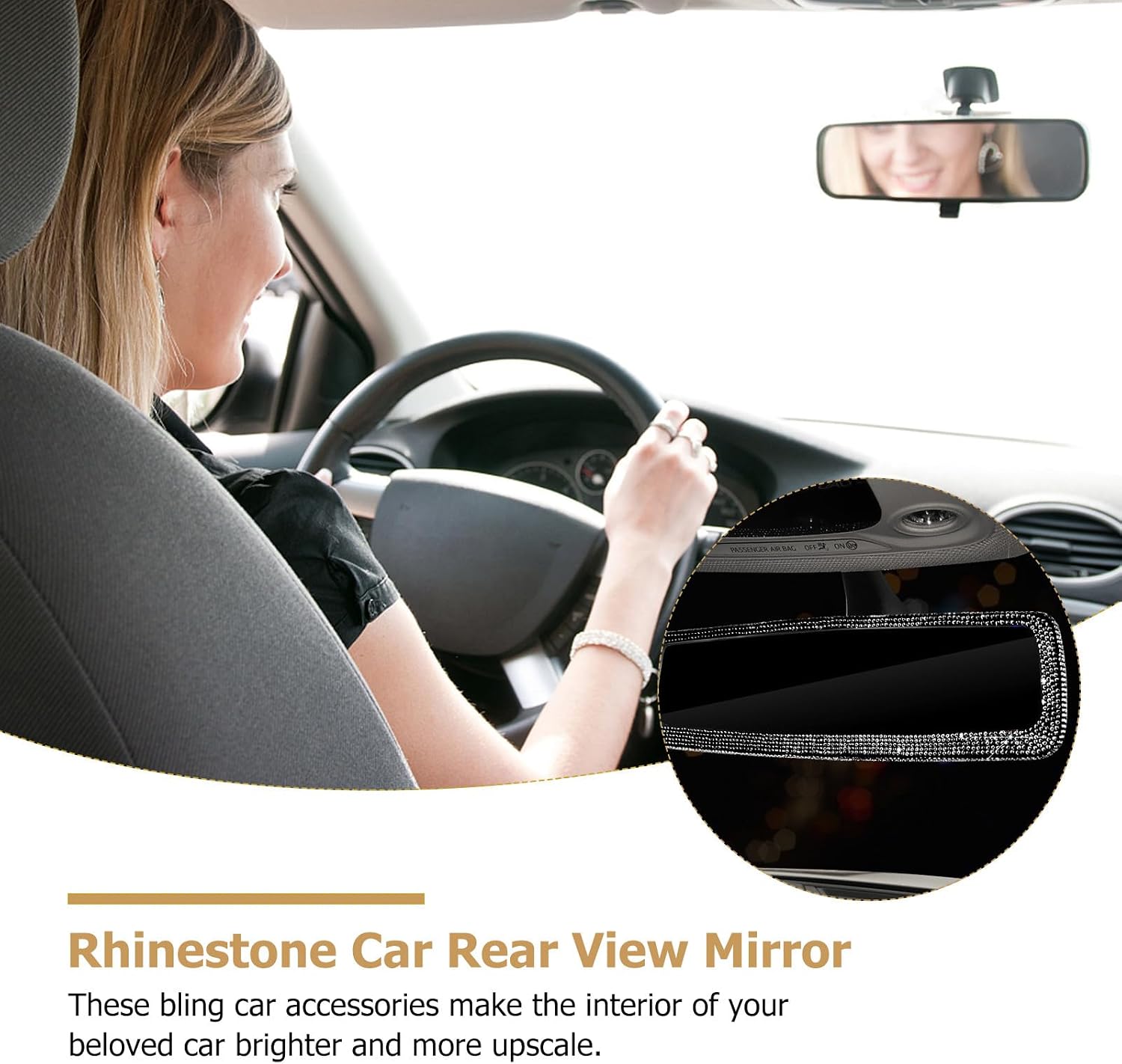 Rhinestone Car Inner Rearview Mirror with Crystal Accents Black Automotive Interior Rear View Mirror Decor for Cars Trucks Suvs